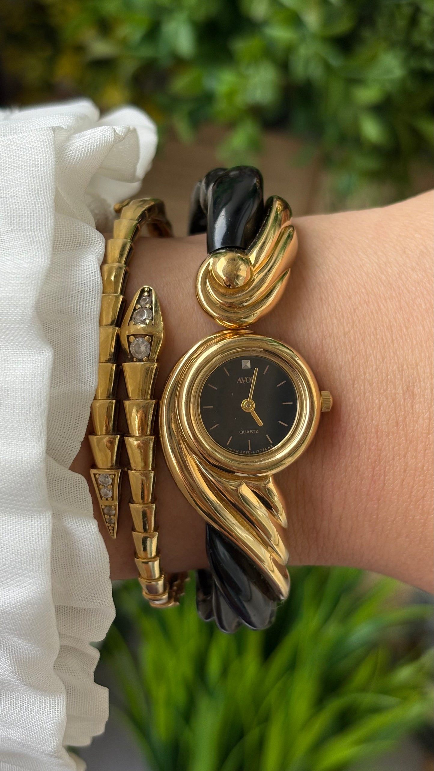 Extremely Rare Vintage Avon Goddess Watch in Gold Tone Black Acrylic Accent Black Dial Quartz #00807