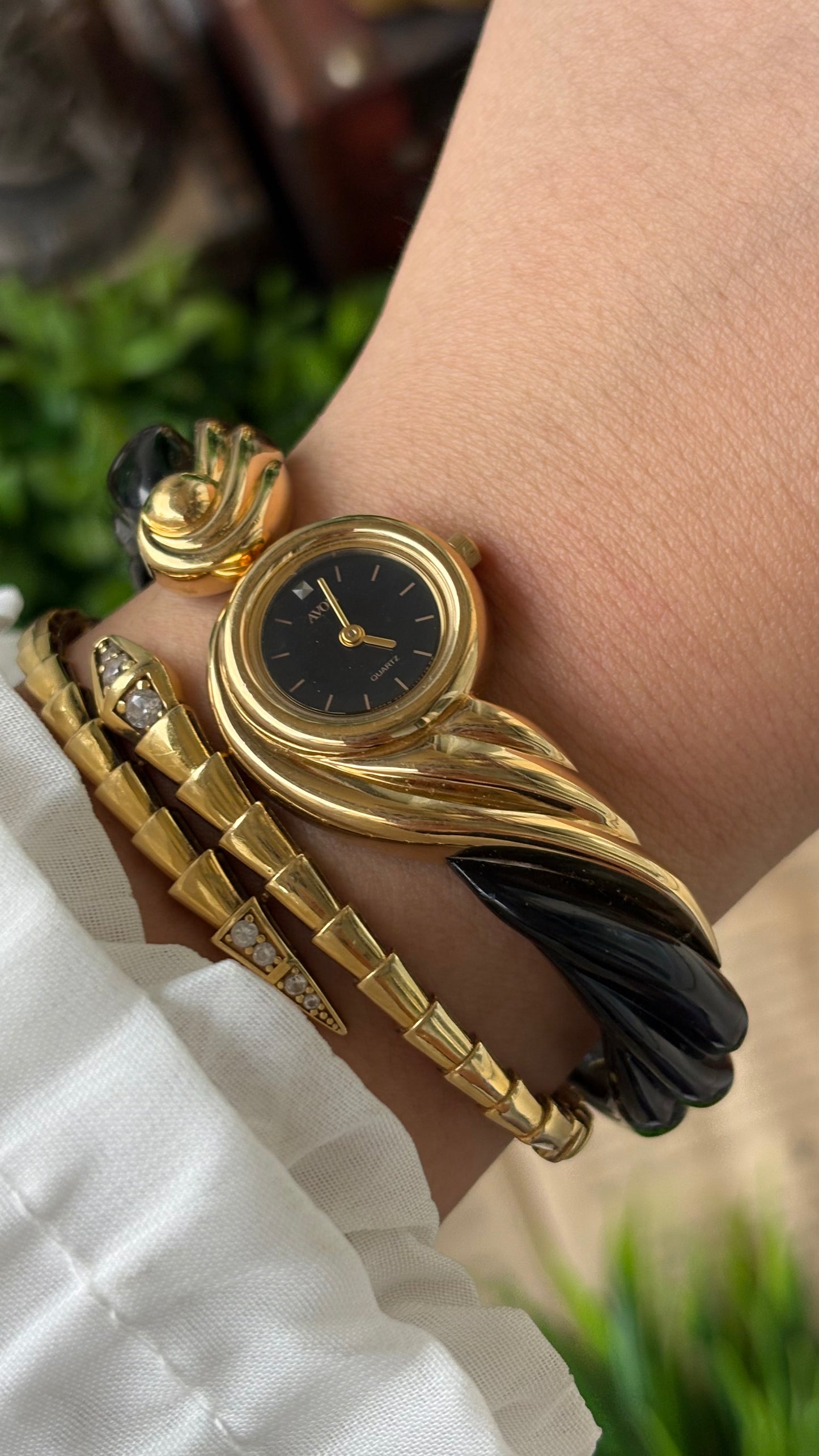 Extremely Rare Vintage Avon Goddess Watch in Gold Tone Black Acrylic Accent Black Dial Quartz #00807