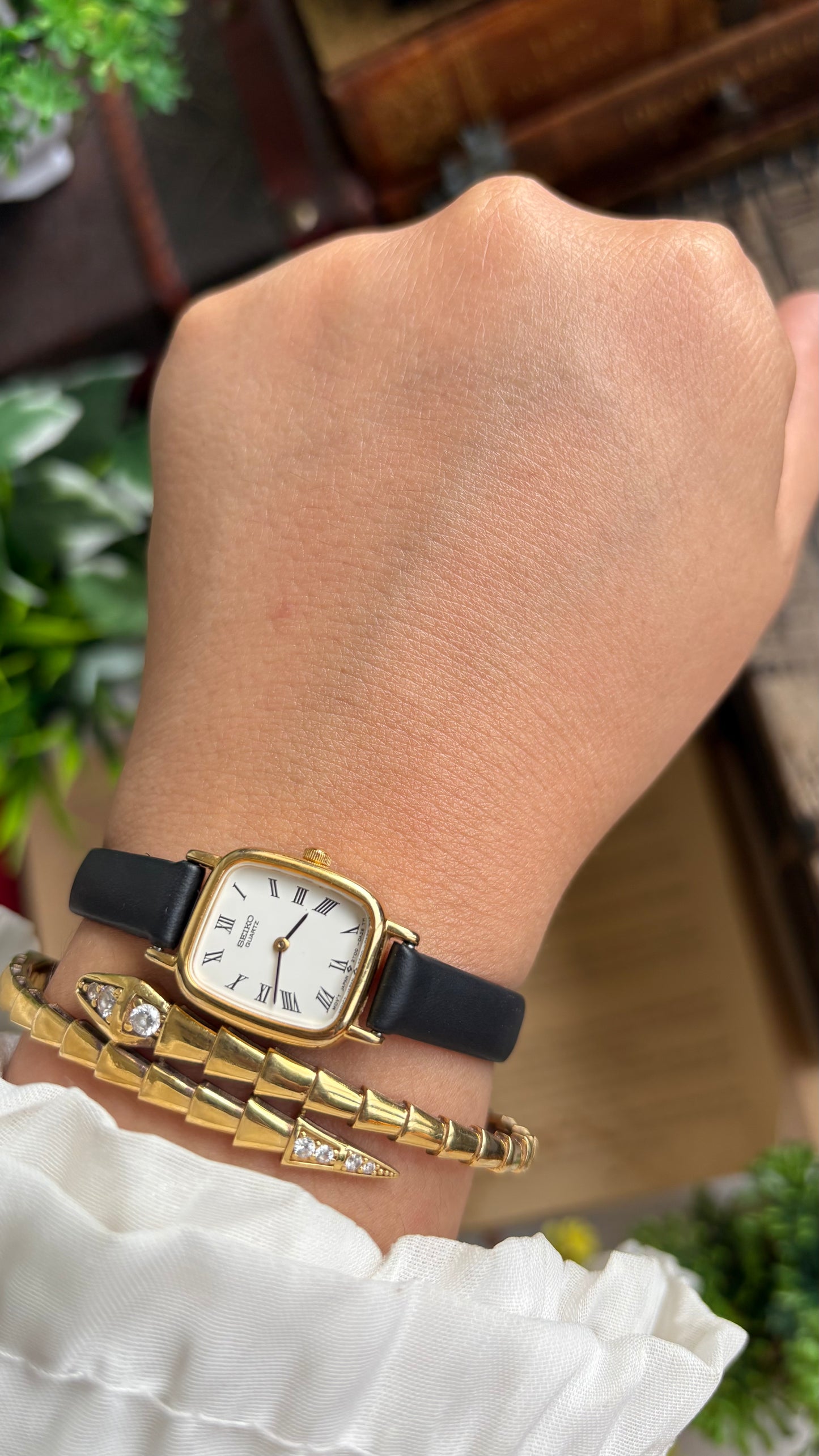 Vintage Seiko Mini Tank Watch in Black Leather Strap