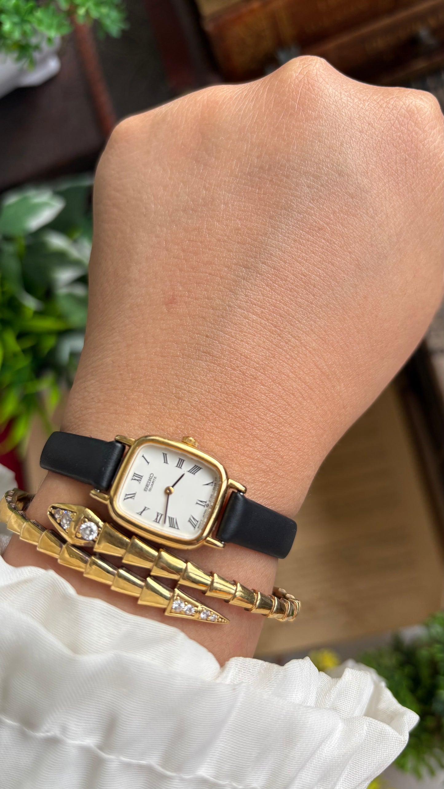 Vintage Seiko Mini Tank Watch in Black Leather Strap