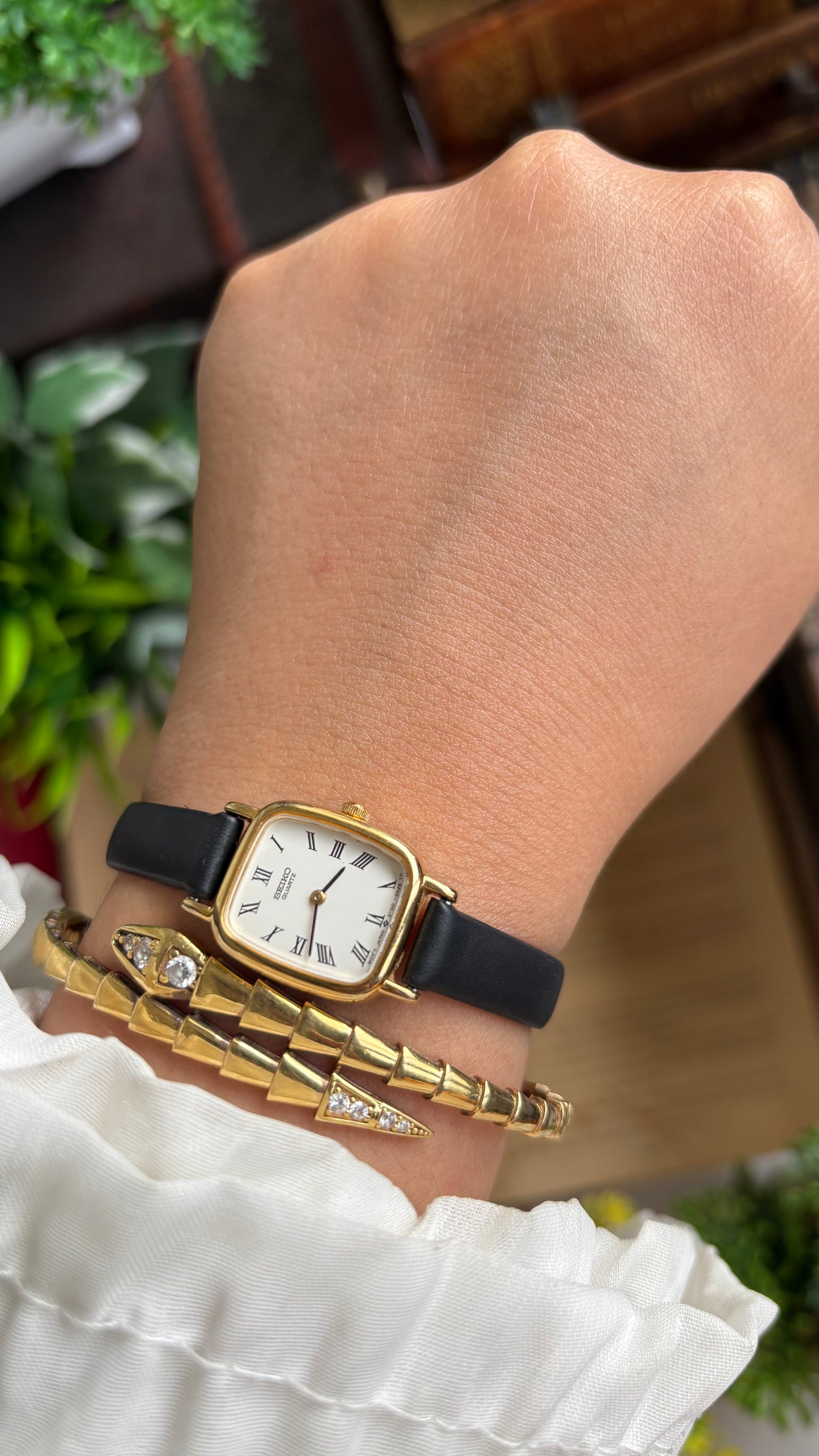 Vintage Seiko Mini Tank Watch in Black Leather Strap
