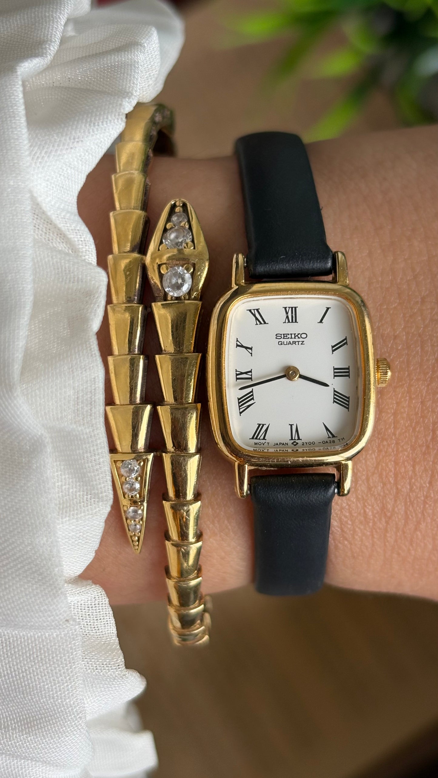 Vintage Seiko Mini Tank Watch in Black Leather Strap