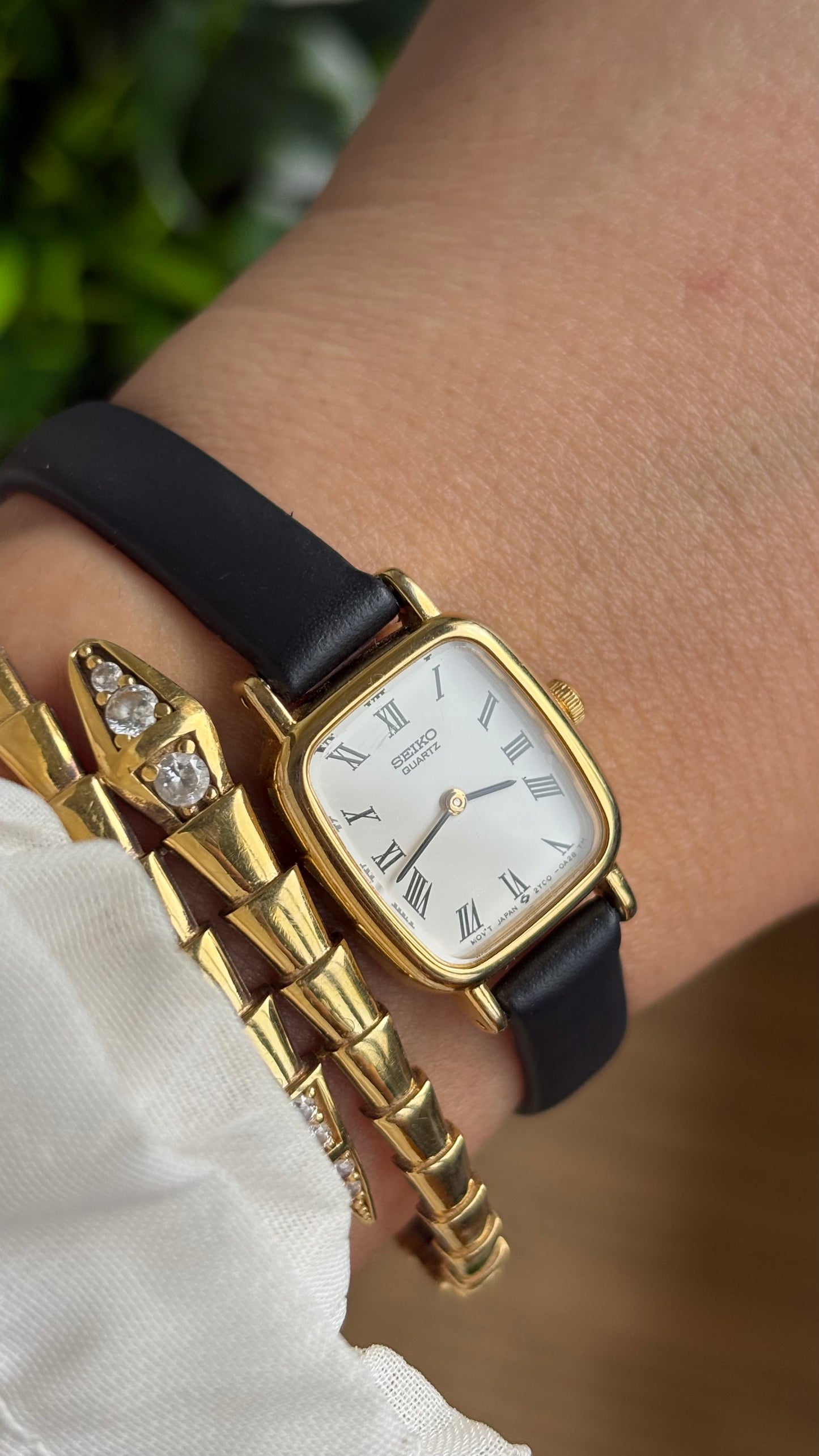 Vintage Seiko Mini Tank Watch in Black Leather Strap