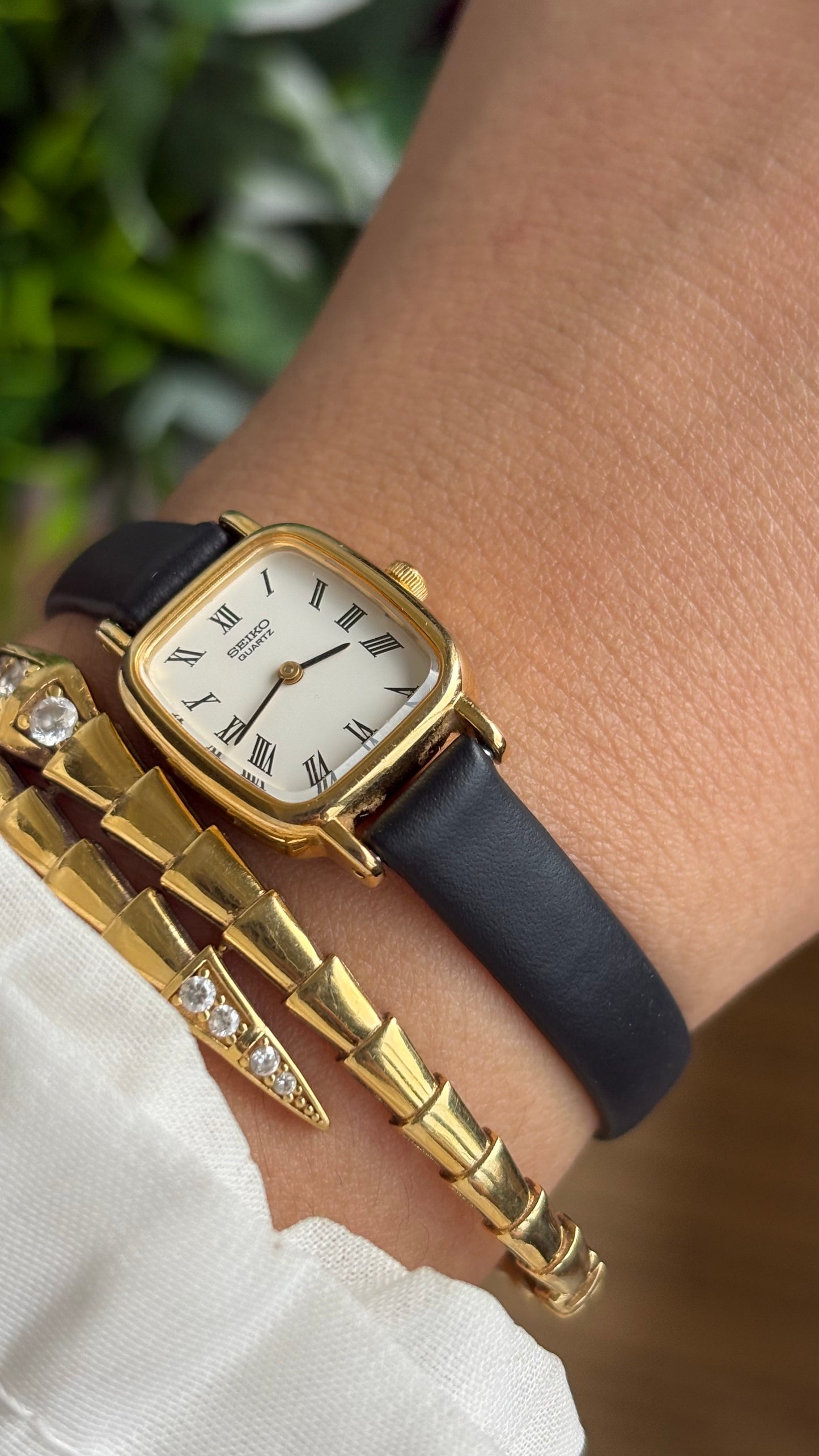 Vintage Seiko Mini Tank Watch in Black Leather Strap