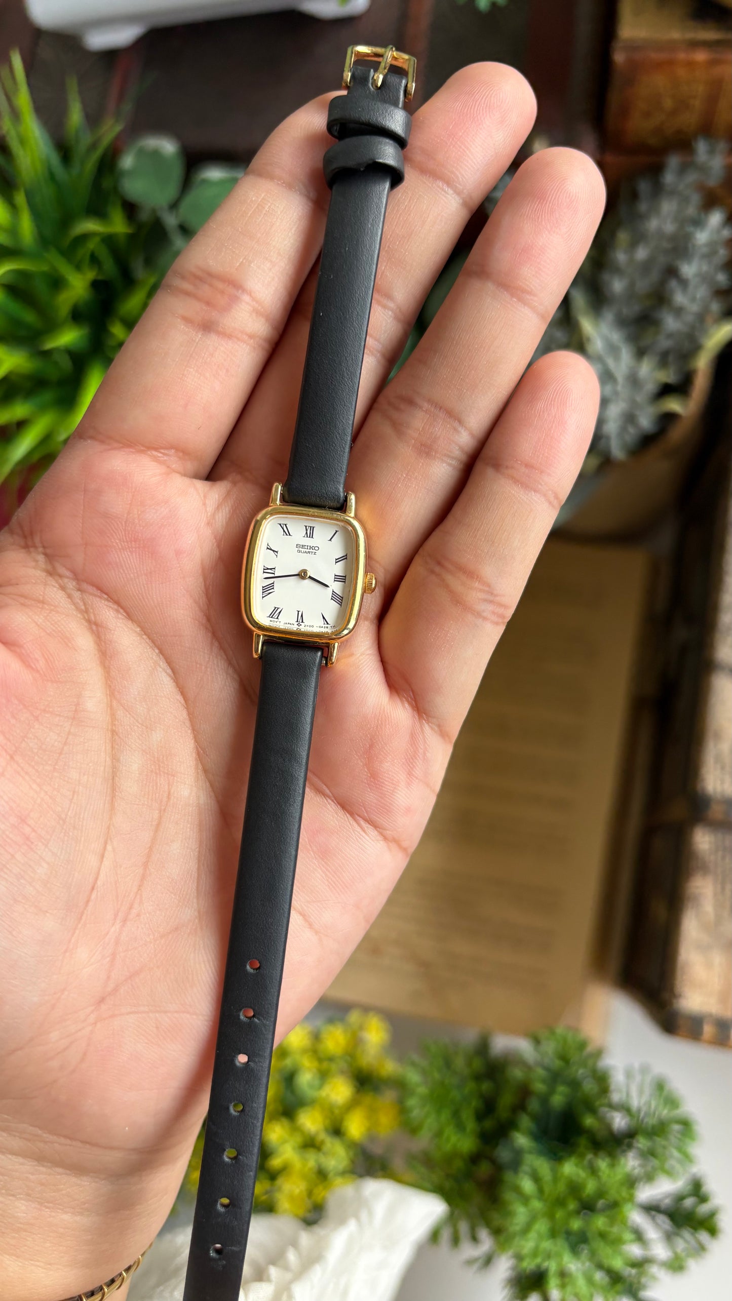 Vintage Seiko Mini Tank Watch in Black Leather Strap
