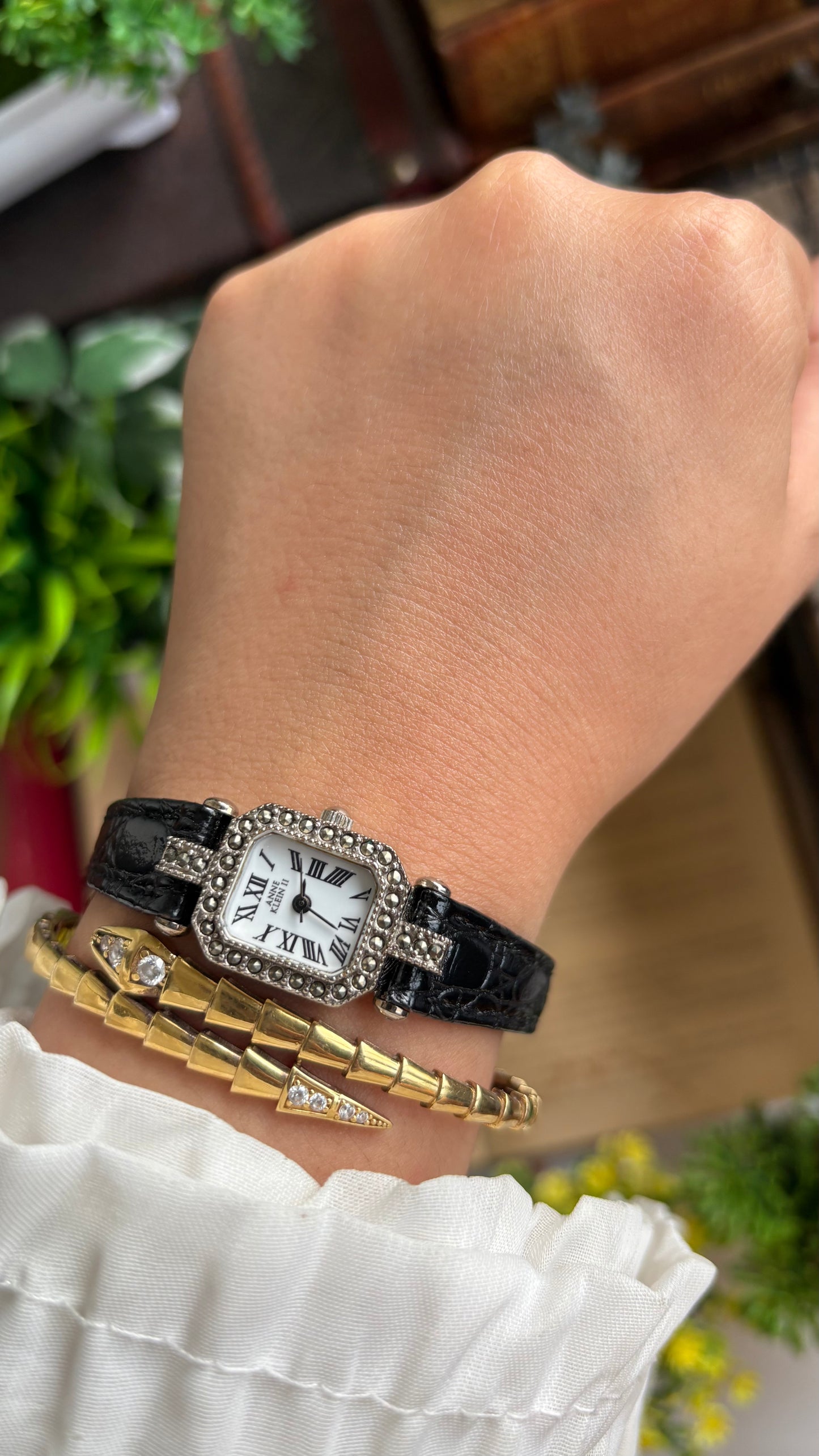 Vintage Anne Klein Mini Tank Bejeweled Watch in Black Leather Strap