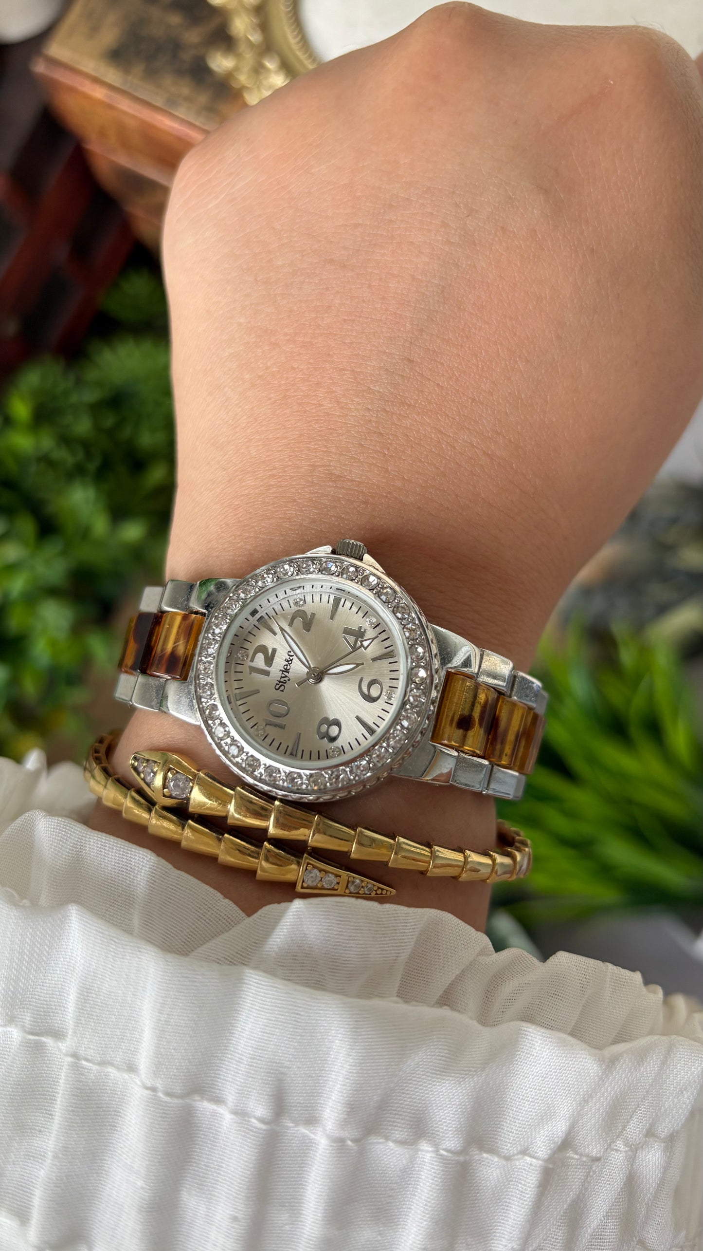Vintage Style&Co. Rhinestone Bezel Watch in Two-tone Tortoise Shell Bracelet Quartz #00806
