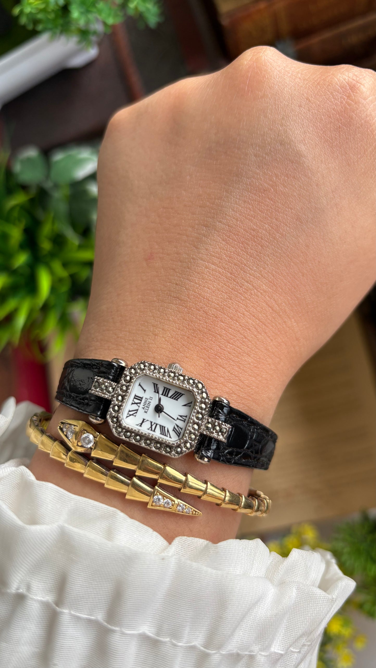 Vintage Anne Klein Mini Tank Bejeweled Watch in Black Leather Strap