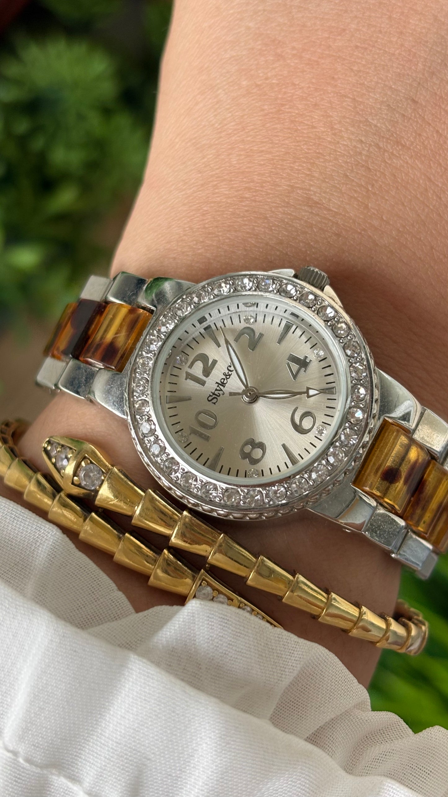 Vintage Style&Co. Rhinestone Bezel Watch in Two-tone Tortoise Shell Bracelet Quartz #00806
