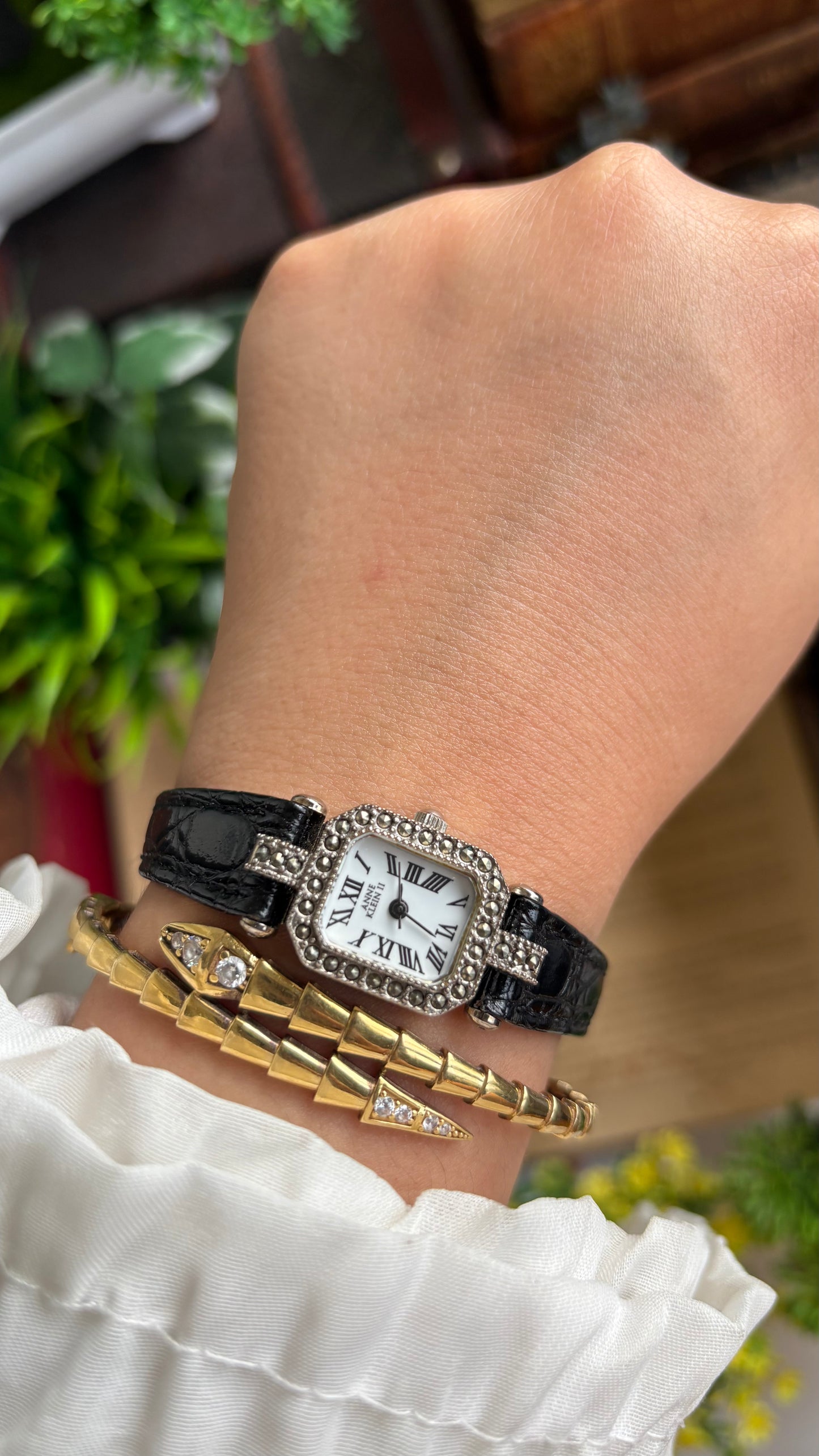 Vintage Anne Klein Mini Tank Bejeweled Watch in Black Leather Strap