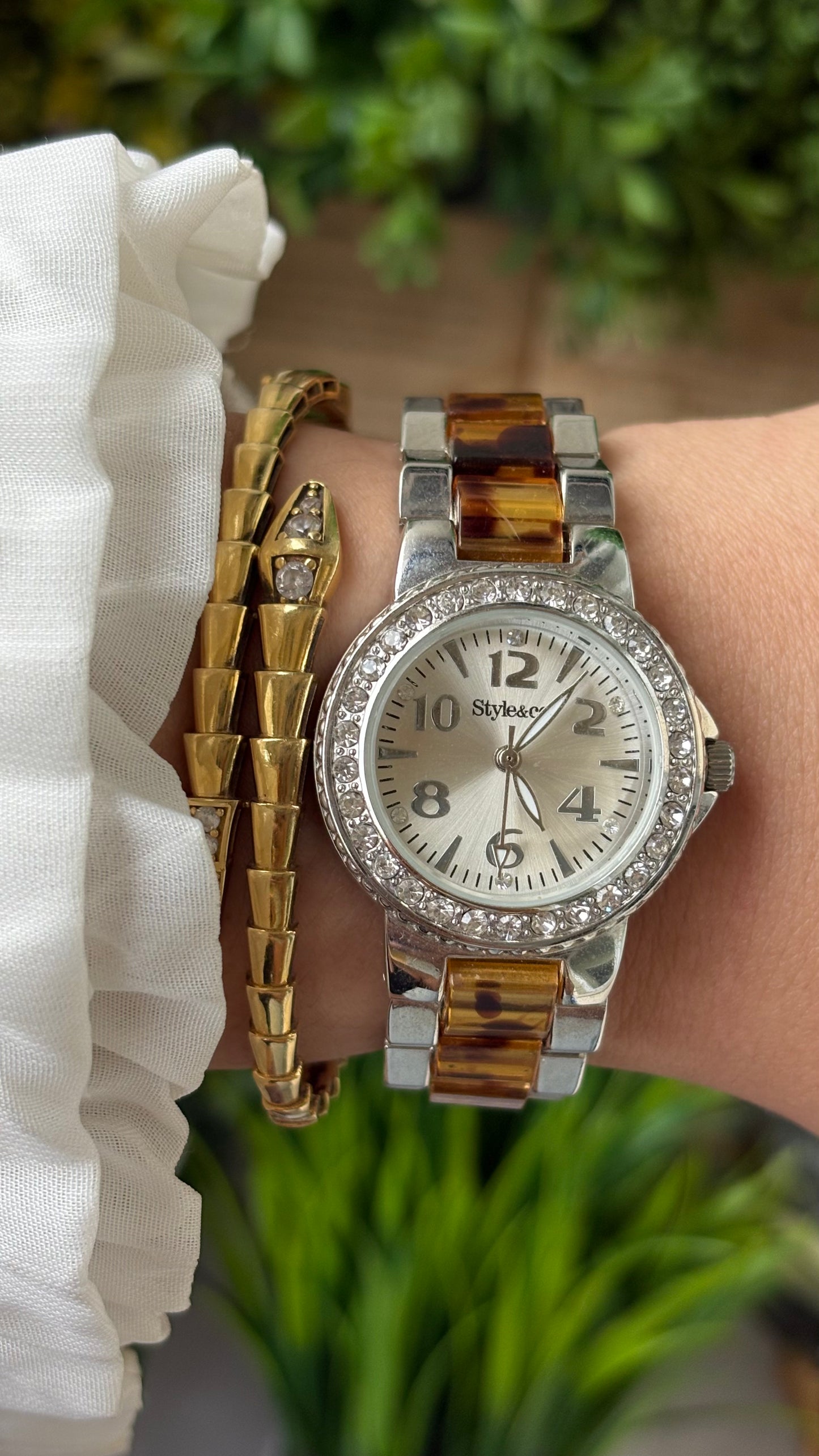 Vintage Style&Co. Rhinestone Bezel Watch in Two-tone Tortoise Shell Bracelet Quartz #00806