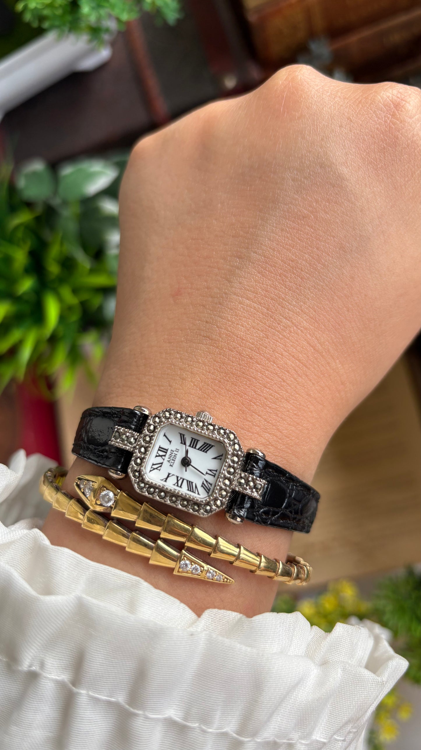 Vintage Anne Klein Mini Tank Bejeweled Watch in Black Leather Strap
