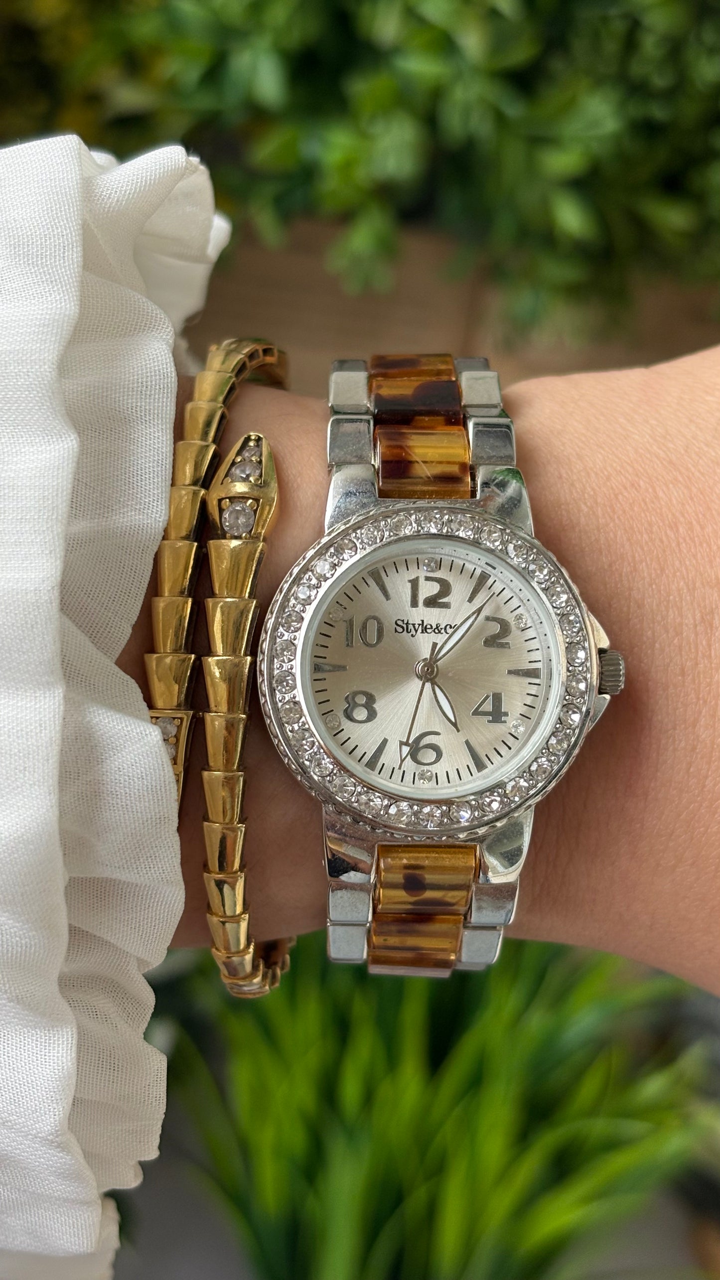 Vintage Style&Co. Rhinestone Bezel Watch in Two-tone Tortoise Shell Bracelet Quartz #00806