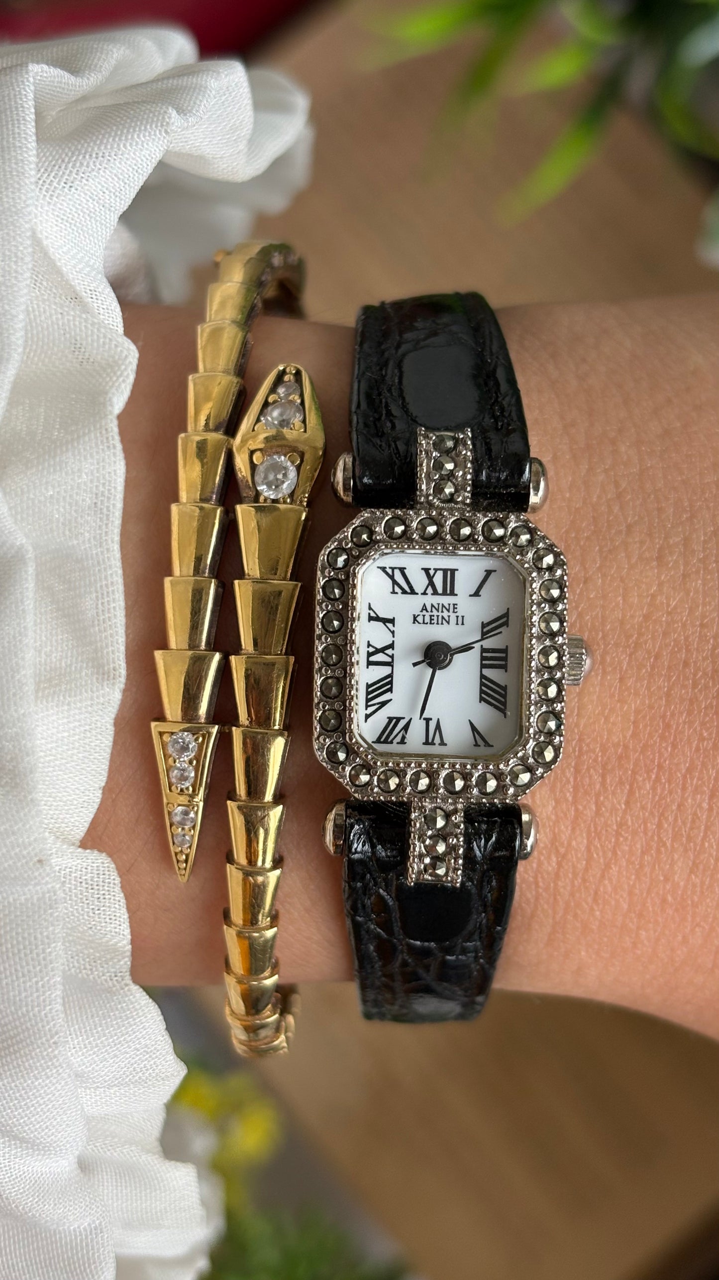 Vintage Anne Klein Mini Tank Bejeweled Watch in Black Leather Strap