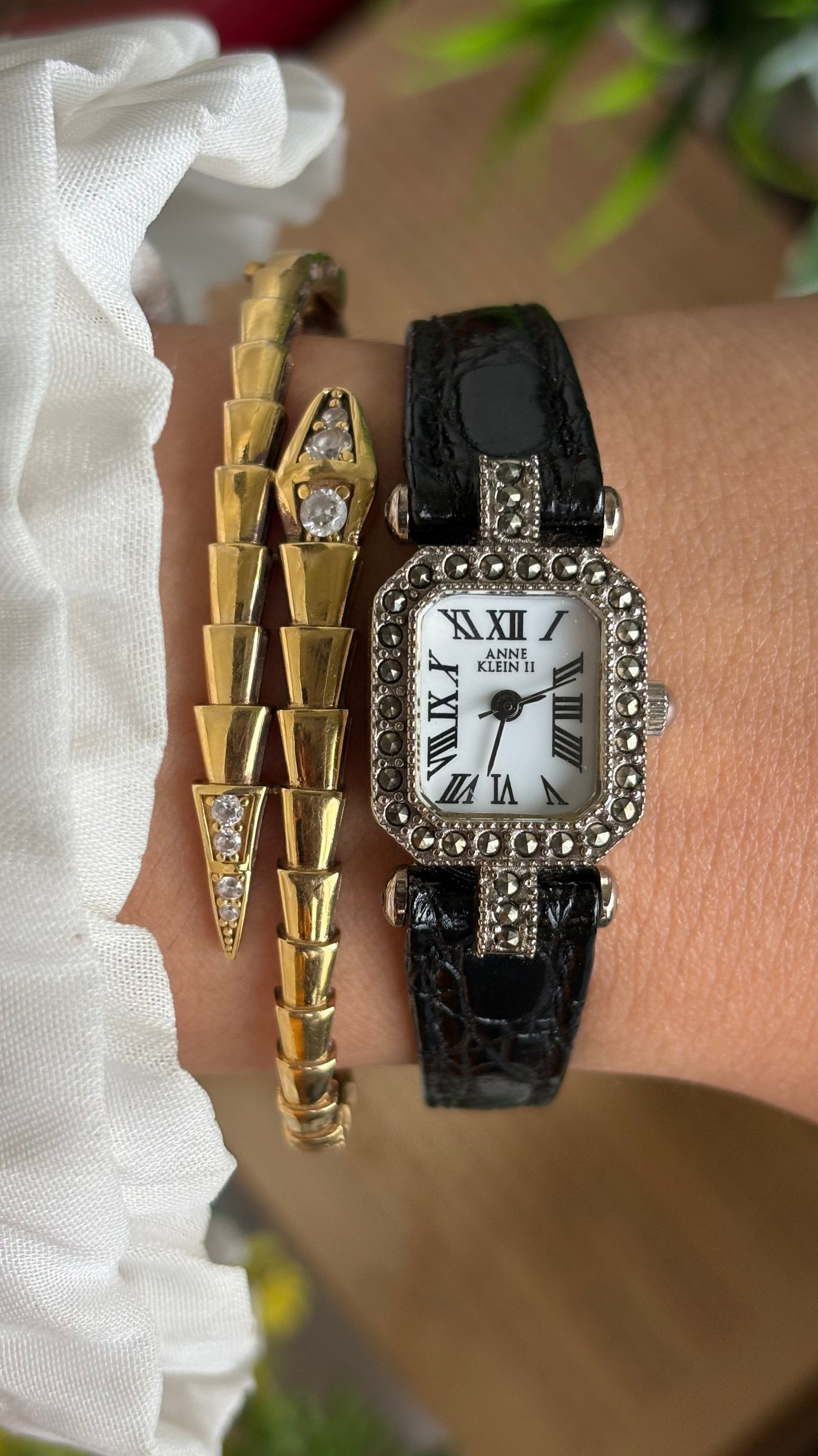 Vintage Anne Klein Mini Tank Bejeweled Watch in Black Leather Strap