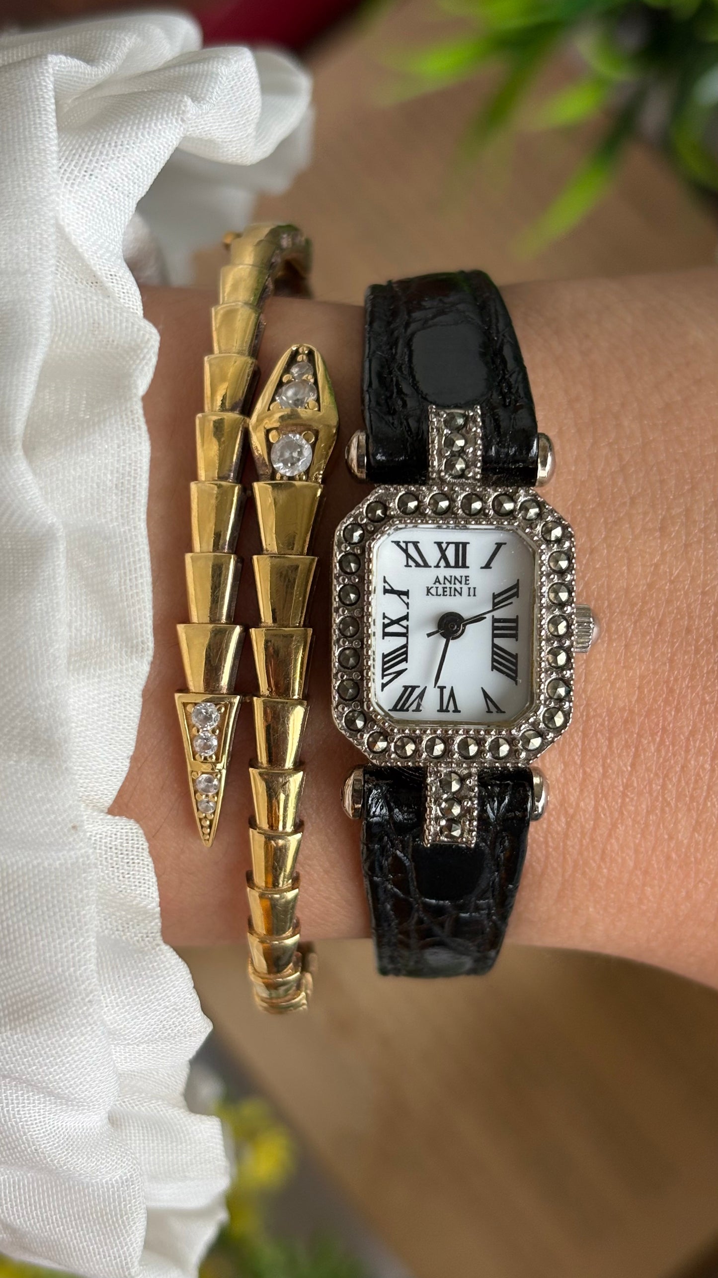 Vintage Anne Klein Mini Tank Bejeweled Watch in Black Leather Strap