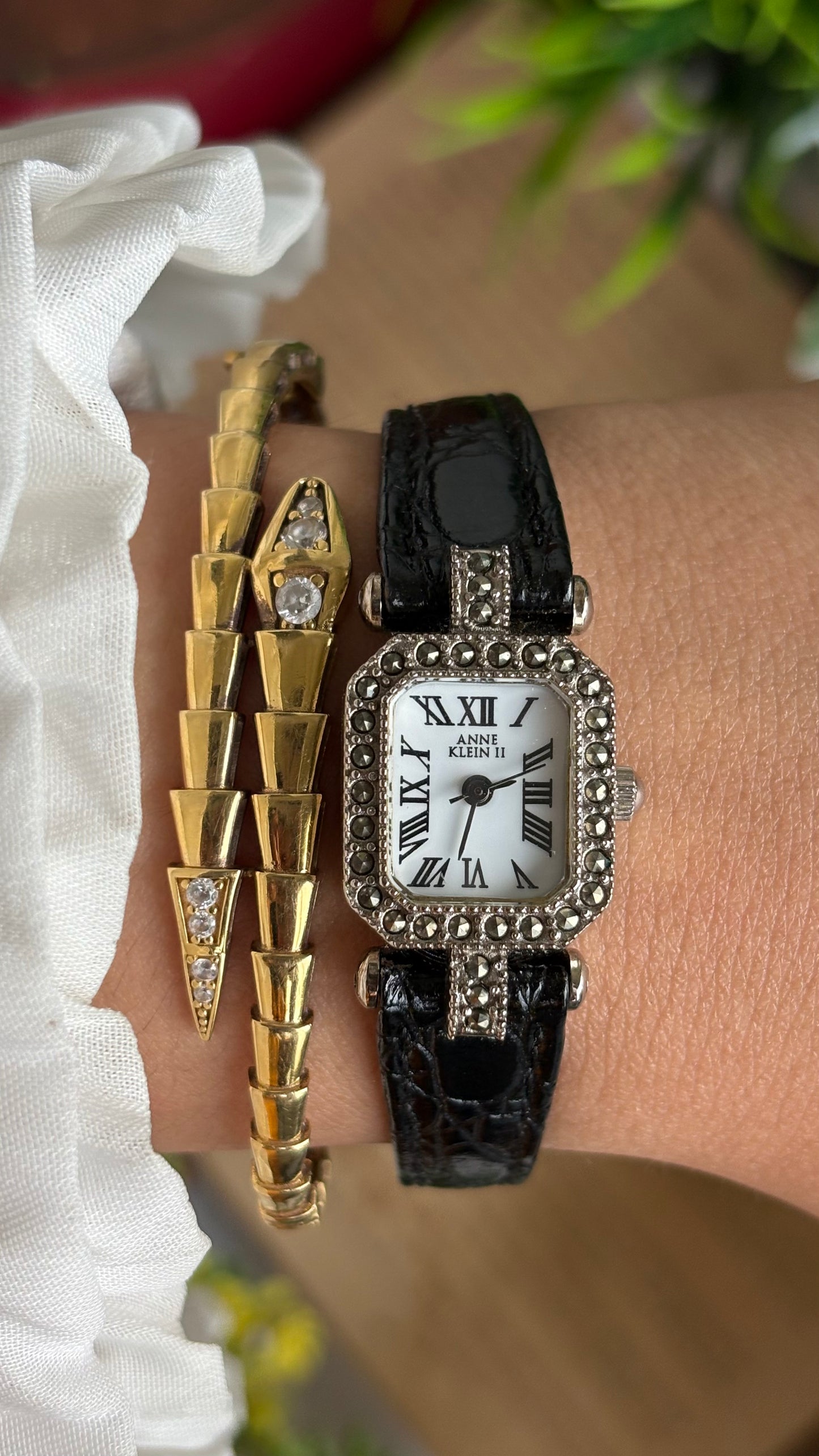 Vintage Anne Klein Mini Tank Bejeweled Watch in Black Leather Strap