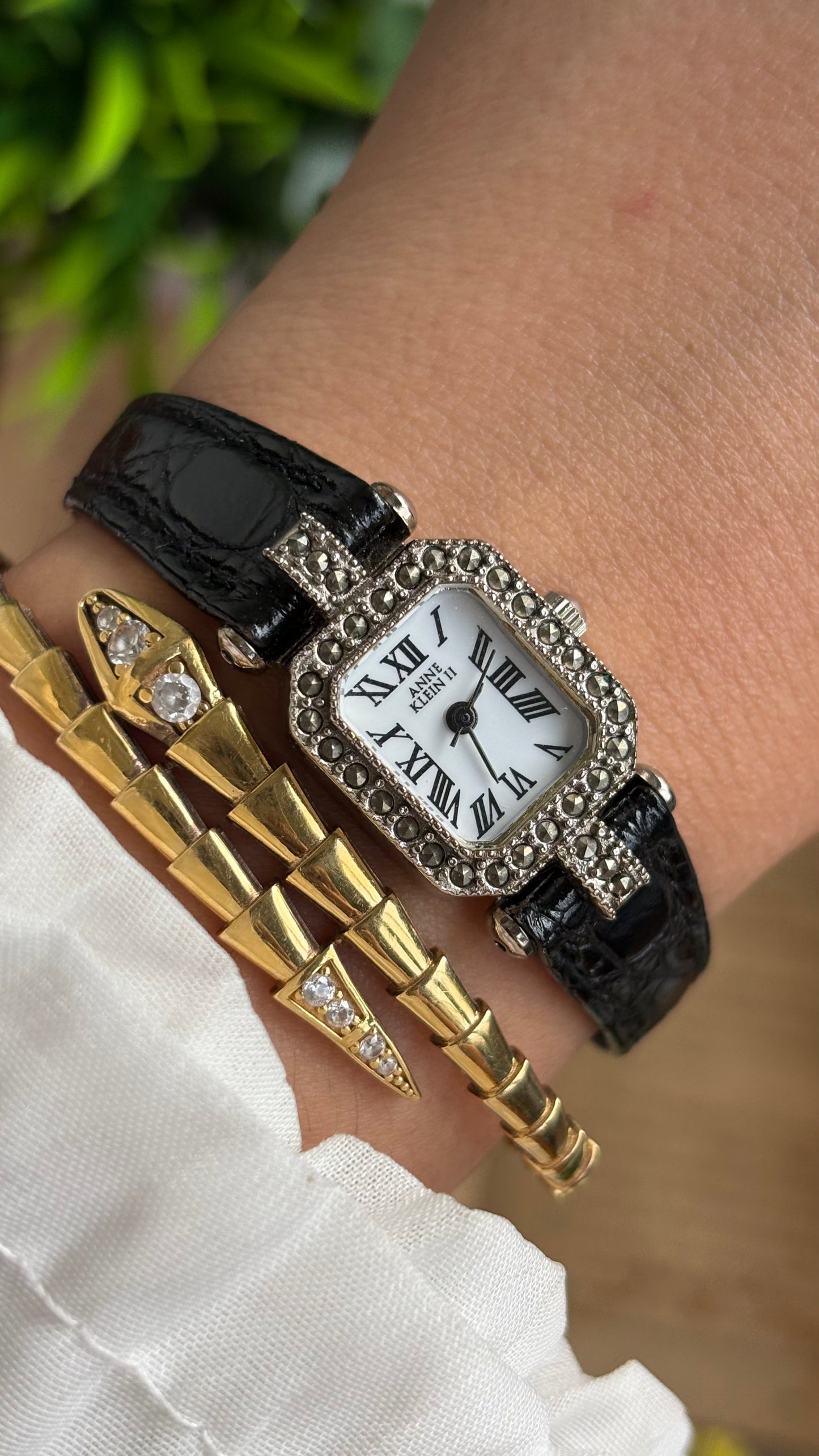 Vintage Anne Klein Mini Tank Bejeweled Watch in Black Leather Strap