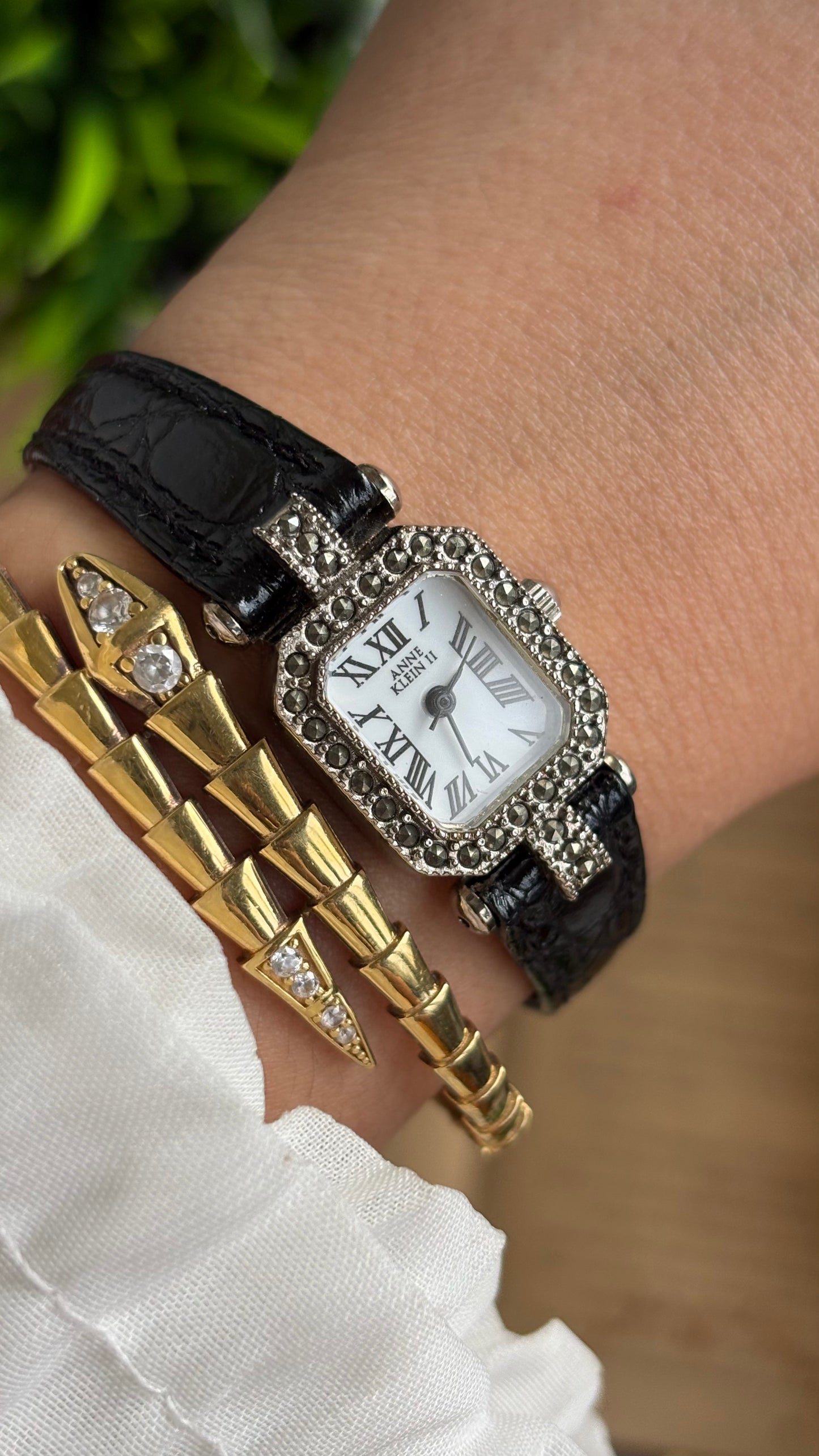 Vintage Anne Klein Mini Tank Bejeweled Watch in Black Leather Strap