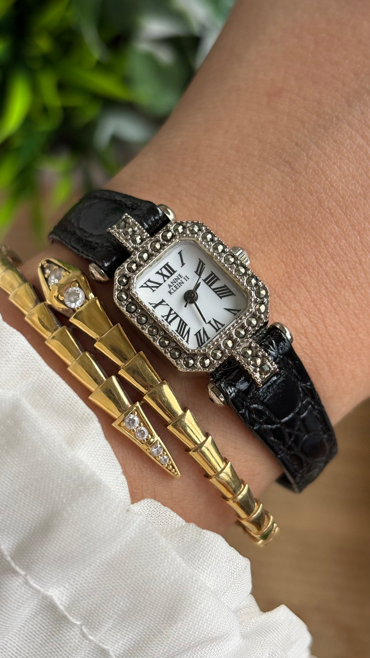 Vintage Anne Klein Mini Tank Bejeweled Watch in Black Leather Strap