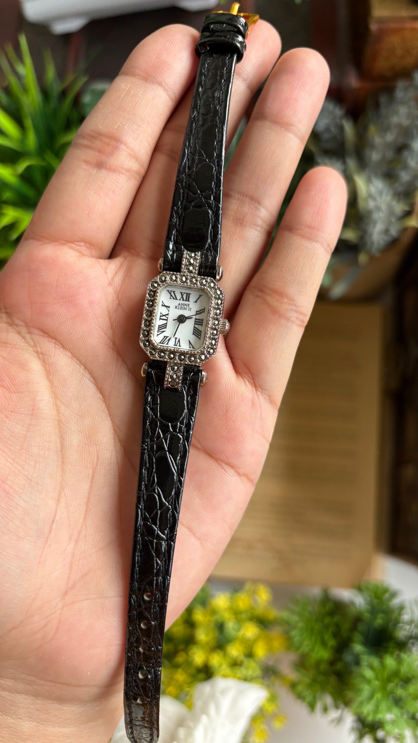 Vintage Anne Klein Mini Tank Bejeweled Watch in Black Leather Strap