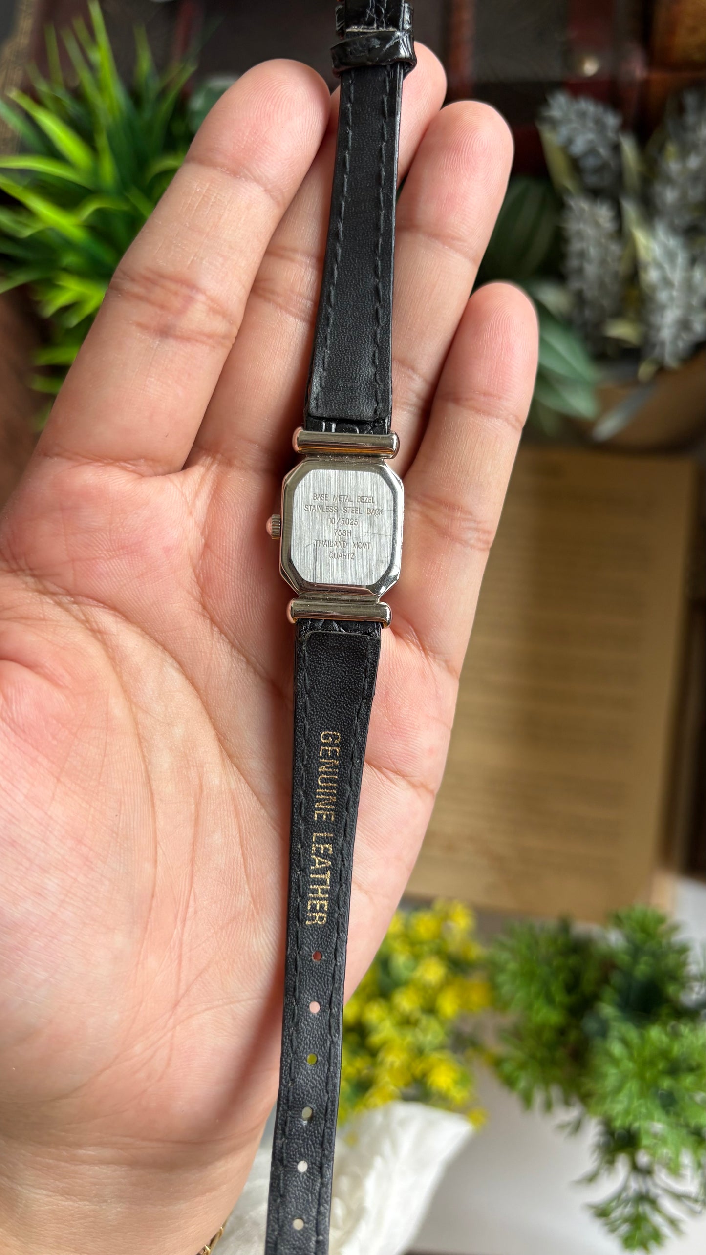 Vintage Anne Klein Mini Tank Bejeweled Watch in Black Leather Strap