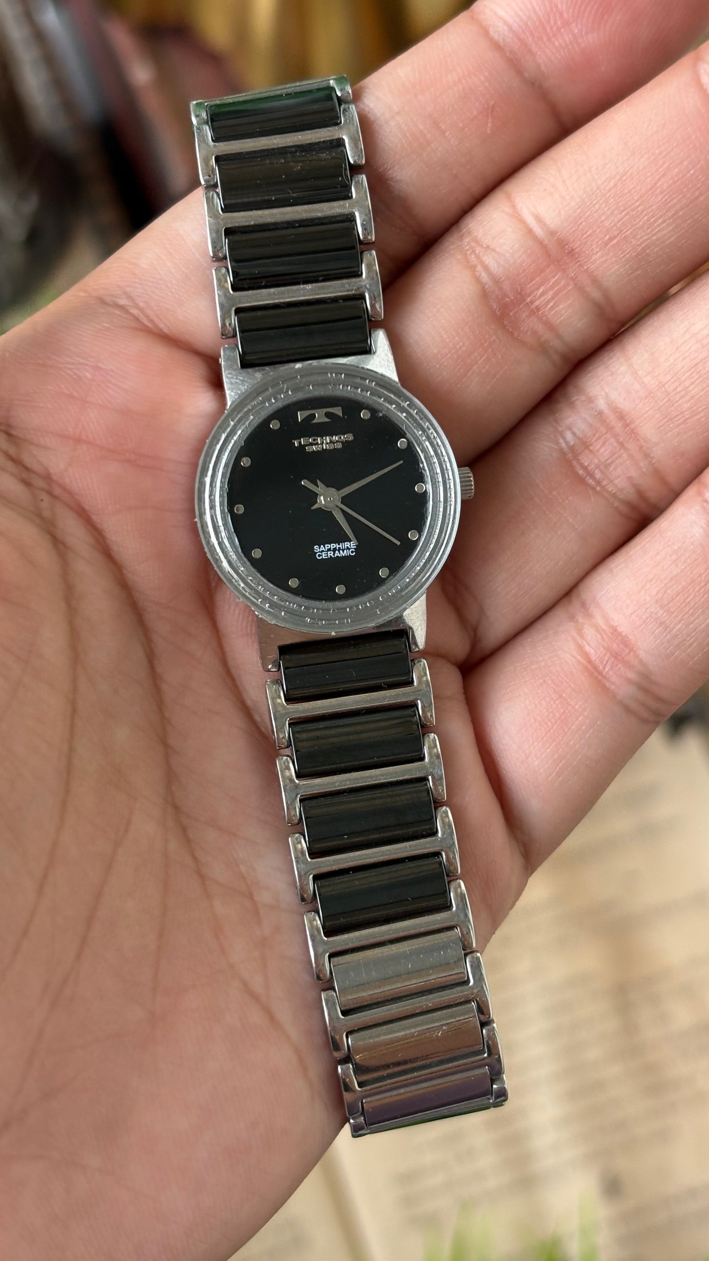 Rare Vintage Technos Ceramic Bracelet Sapphire Crystal Glass Watch in Silver Tone Quartz #00805
