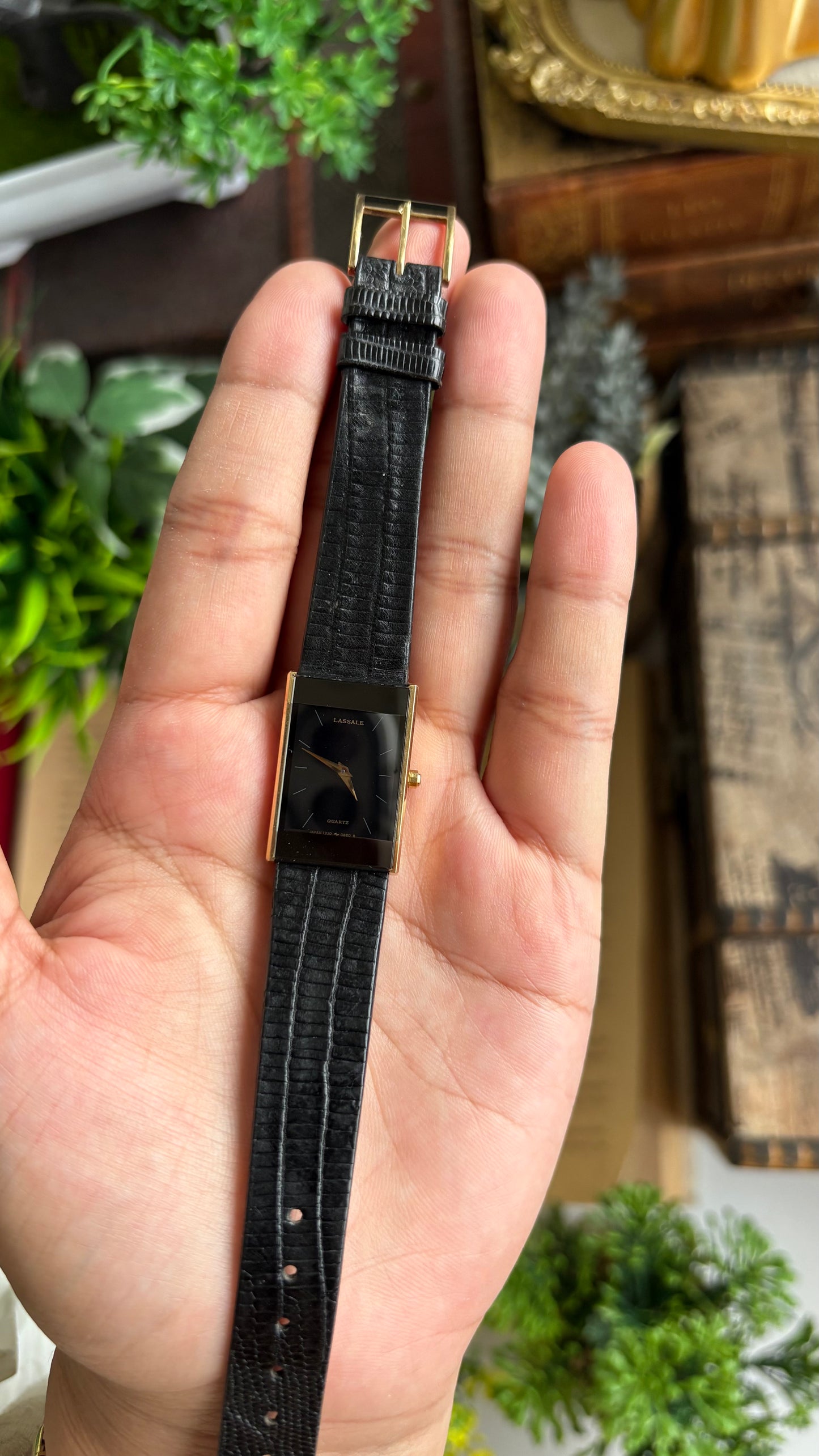 Vintage Seiko Lassale Tank Dress Watch in its Original Black Leather Strap