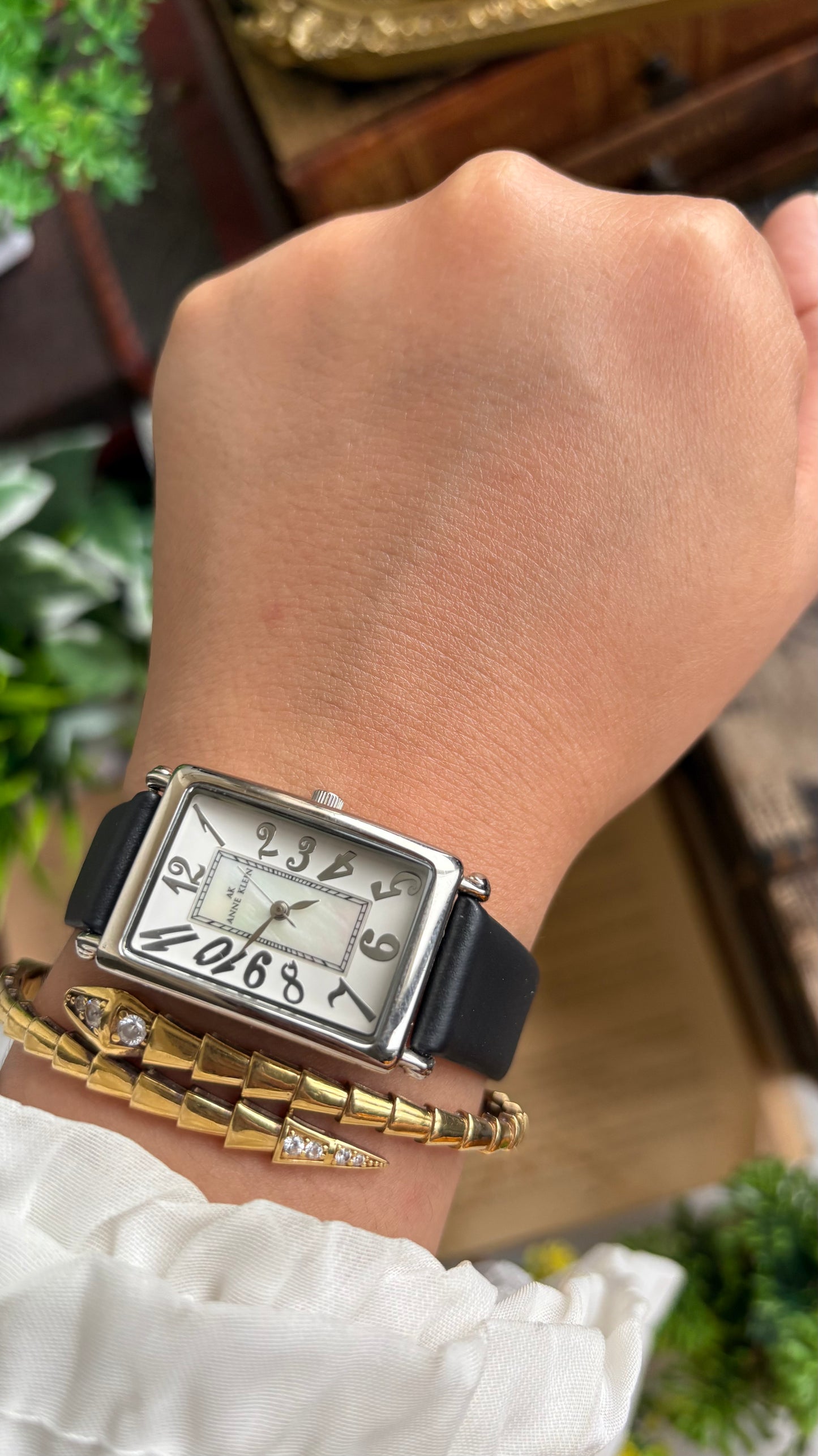 Vintage Anne Klein Tank Watch in Black Leather Strap