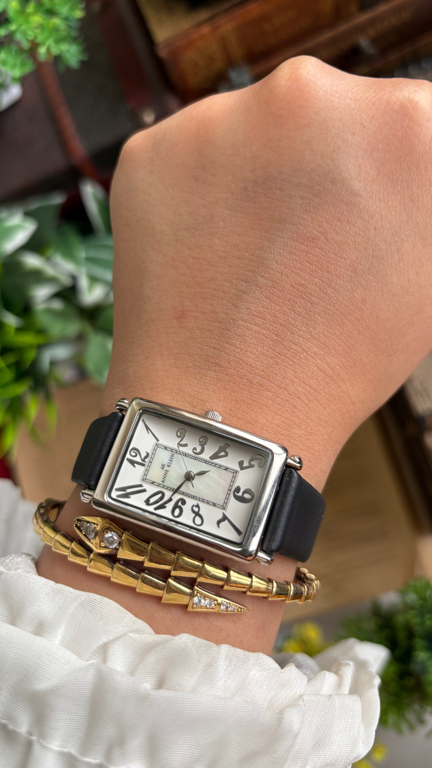 Vintage Anne Klein Tank Watch in Black Leather Strap