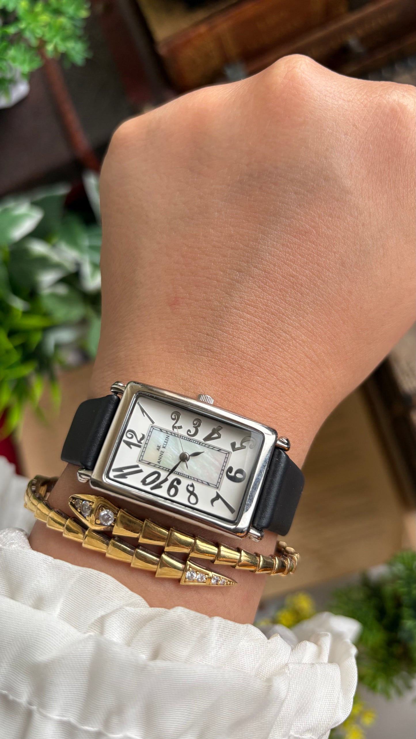 Vintage Anne Klein Tank Watch in Black Leather Strap