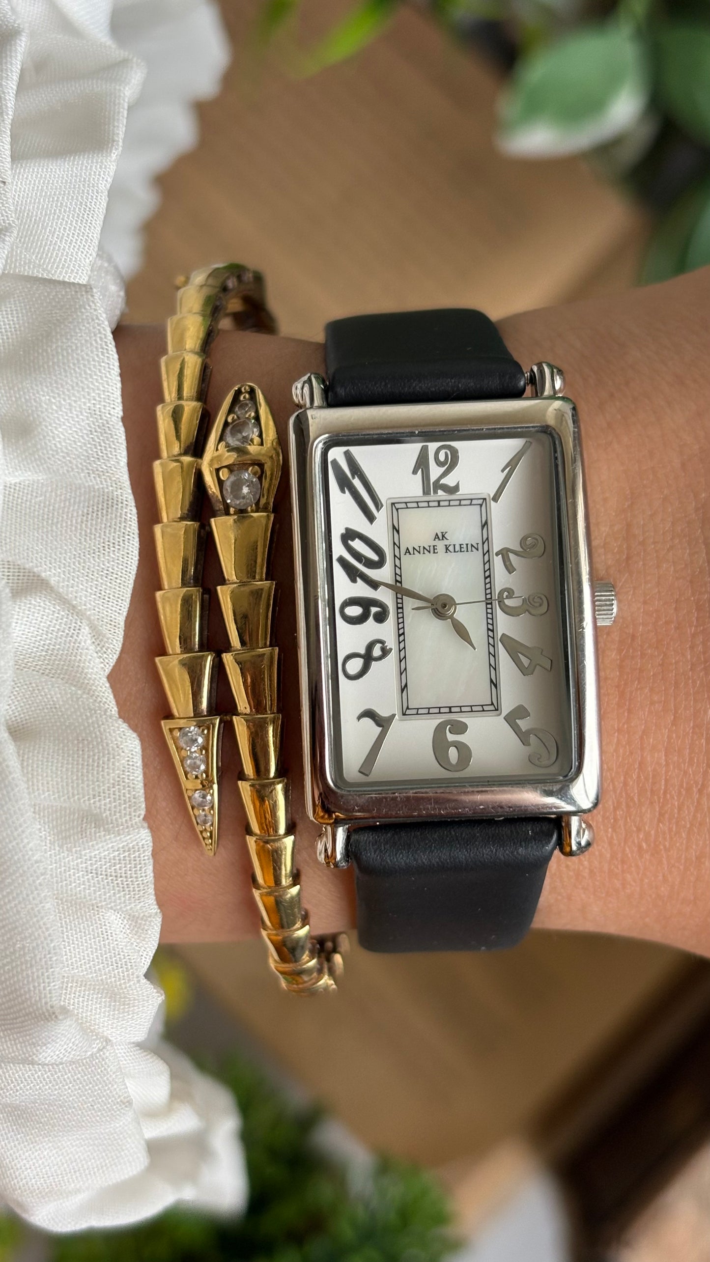 Vintage Anne Klein Tank Watch in Black Leather Strap
