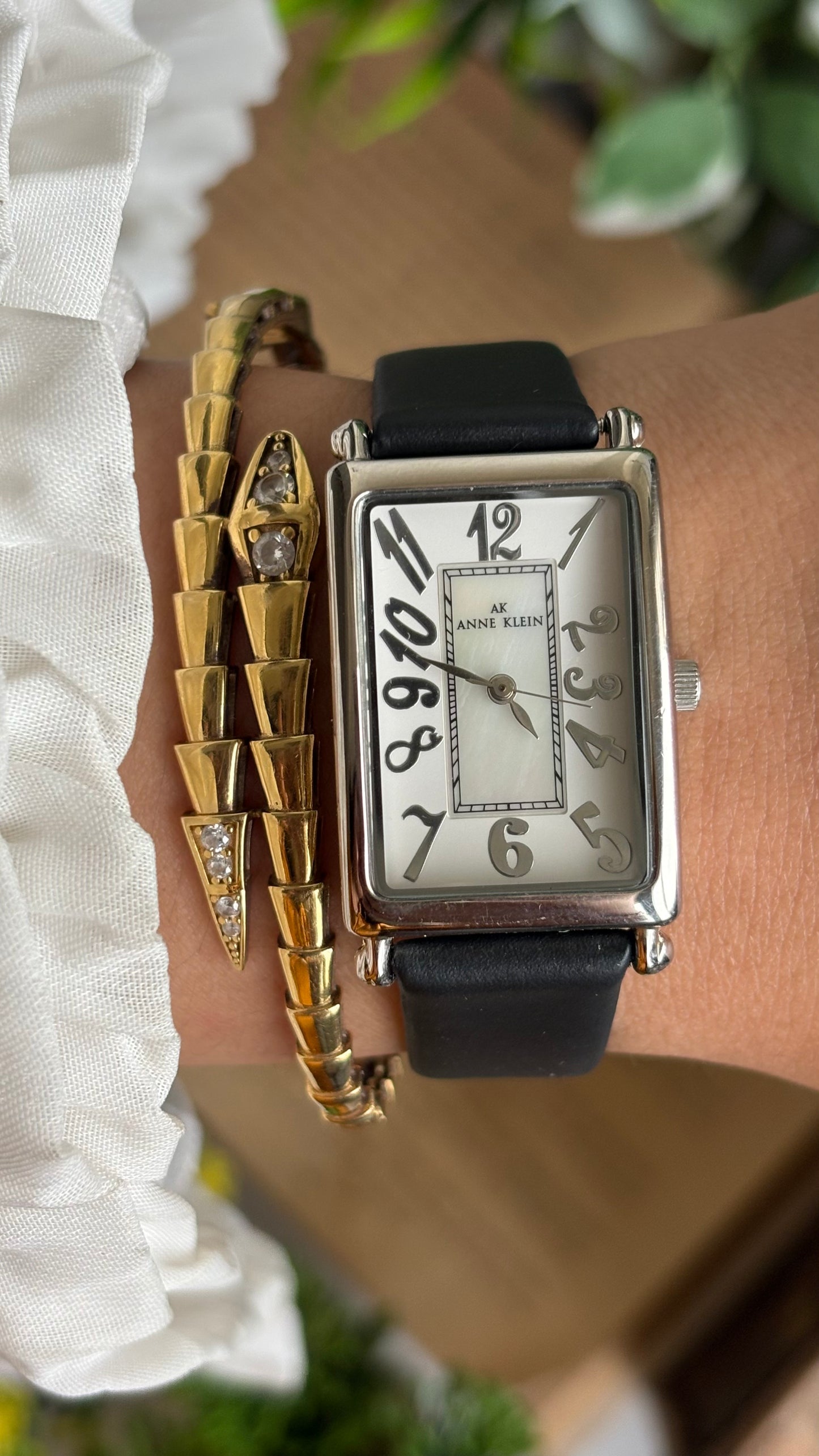 Vintage Anne Klein Tank Watch in Black Leather Strap