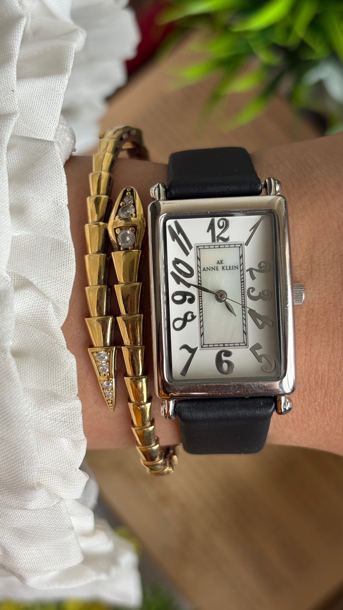 Vintage Anne Klein Tank Watch in Black Leather Strap