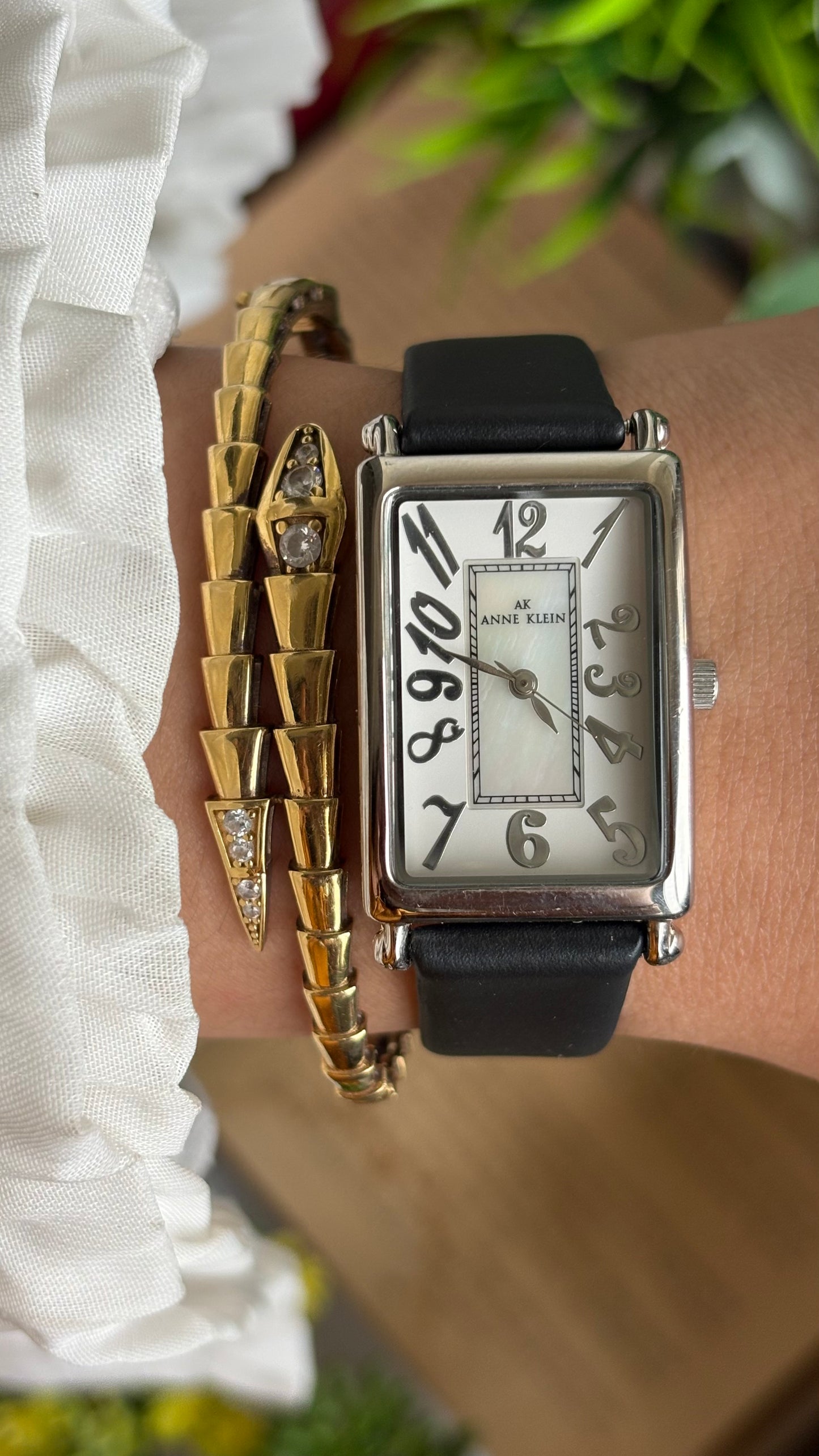 Vintage Anne Klein Tank Watch in Black Leather Strap