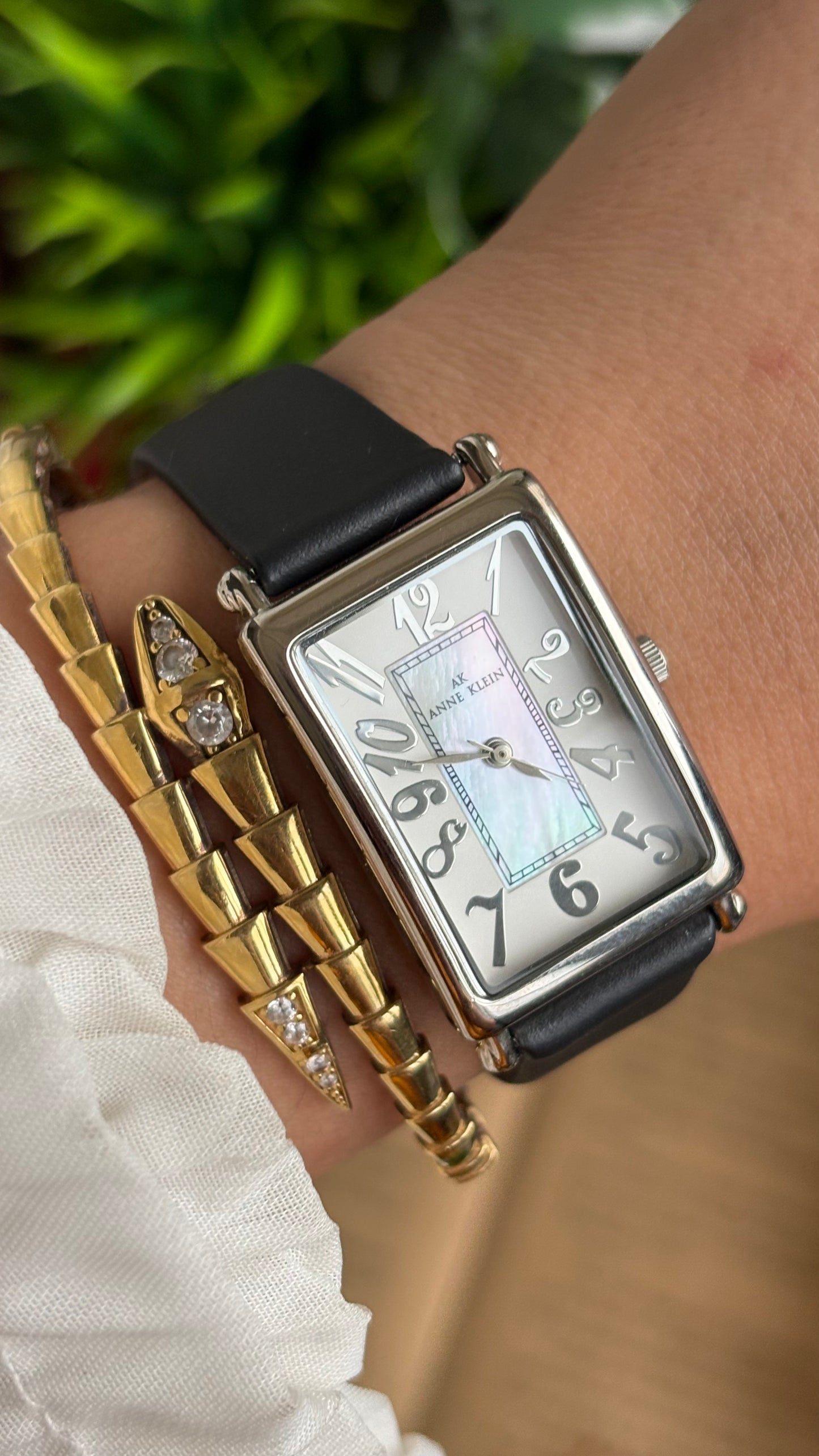 Vintage Anne Klein Tank Watch in Black Leather Strap