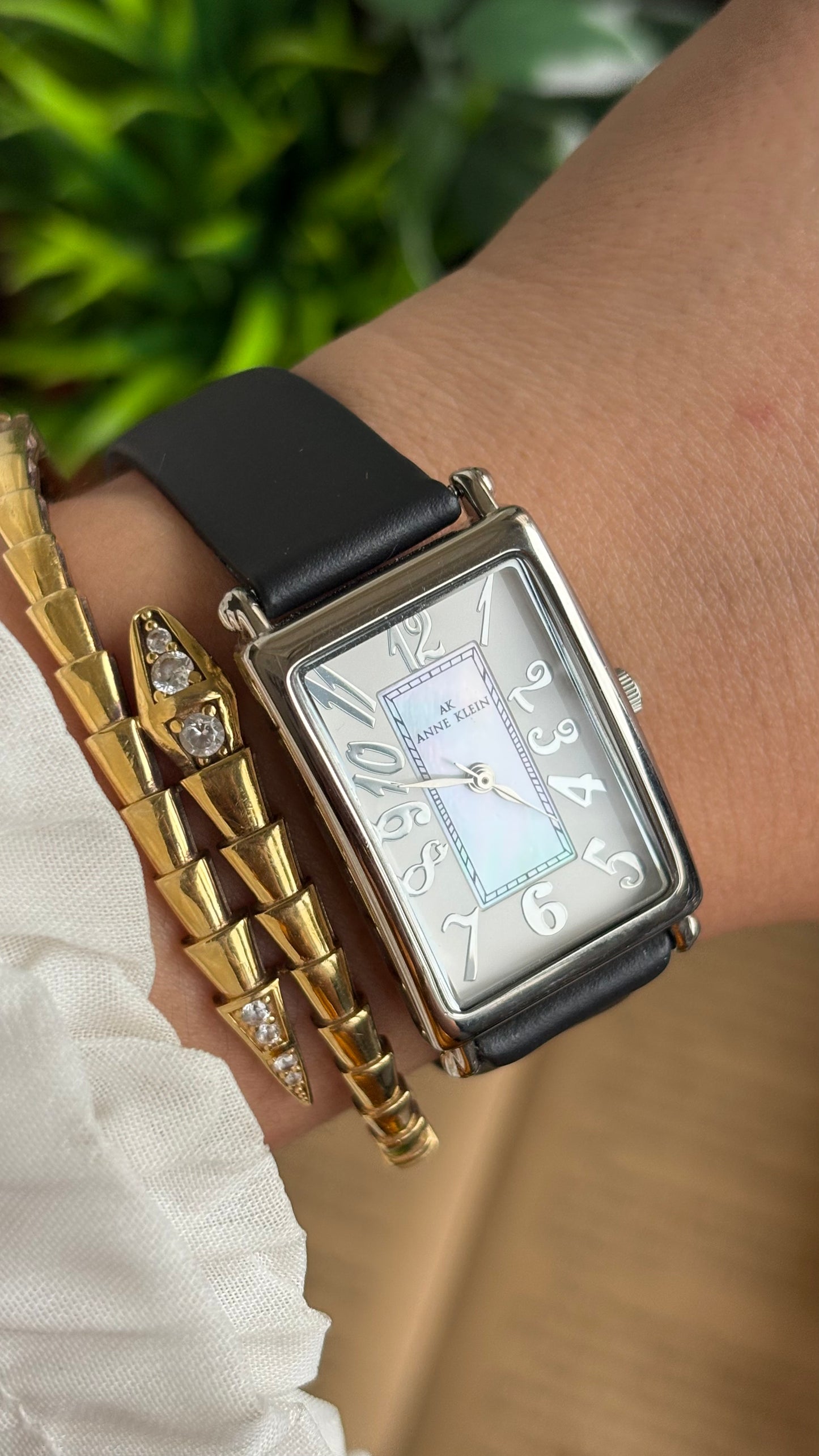 Vintage Anne Klein Tank Watch in Black Leather Strap