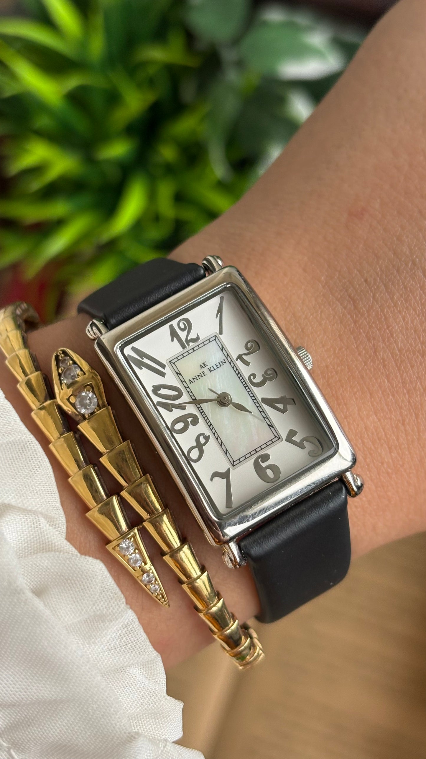 Vintage Anne Klein Tank Watch in Black Leather Strap