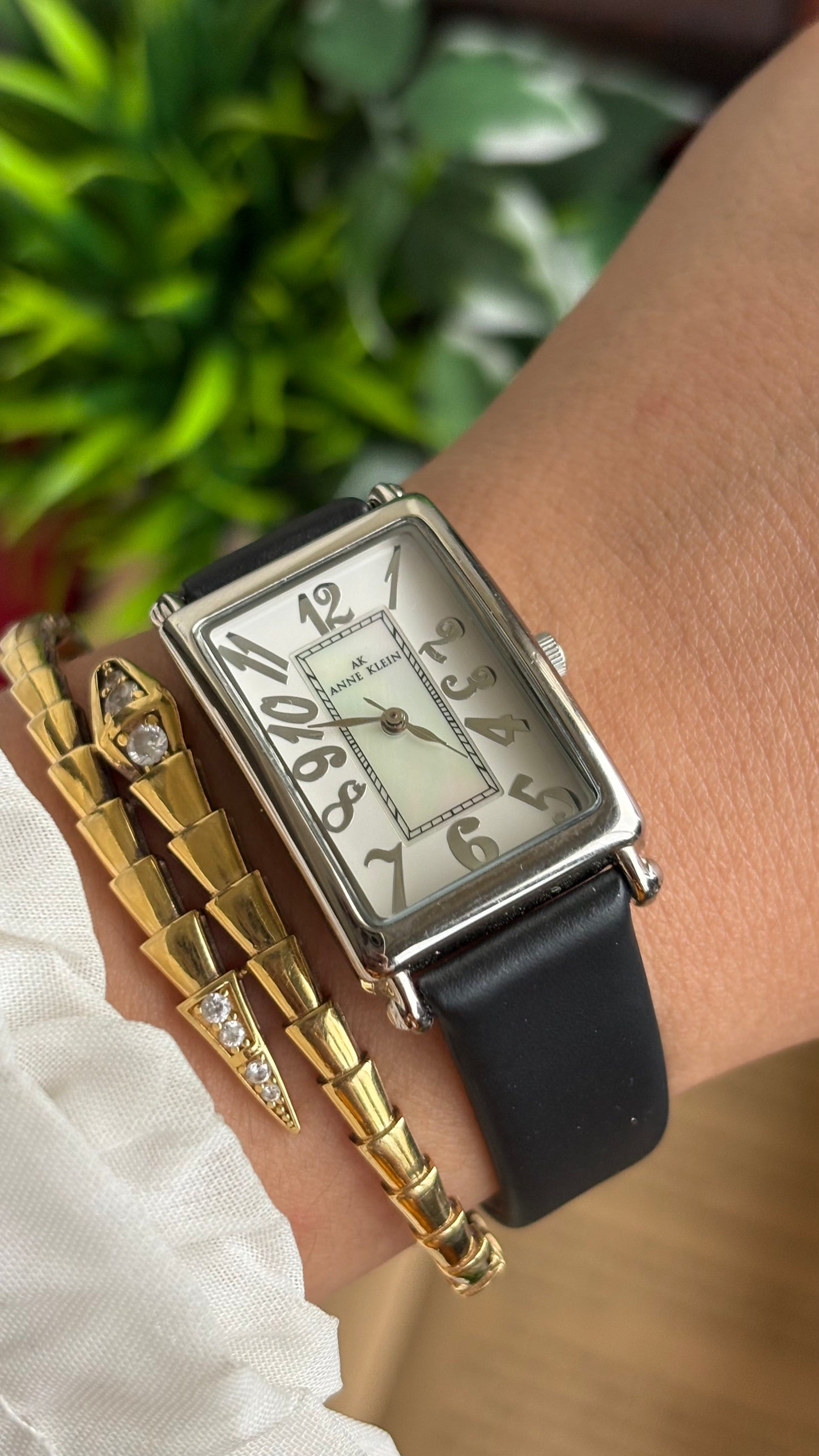 Vintage Anne Klein Tank Watch in Black Leather Strap