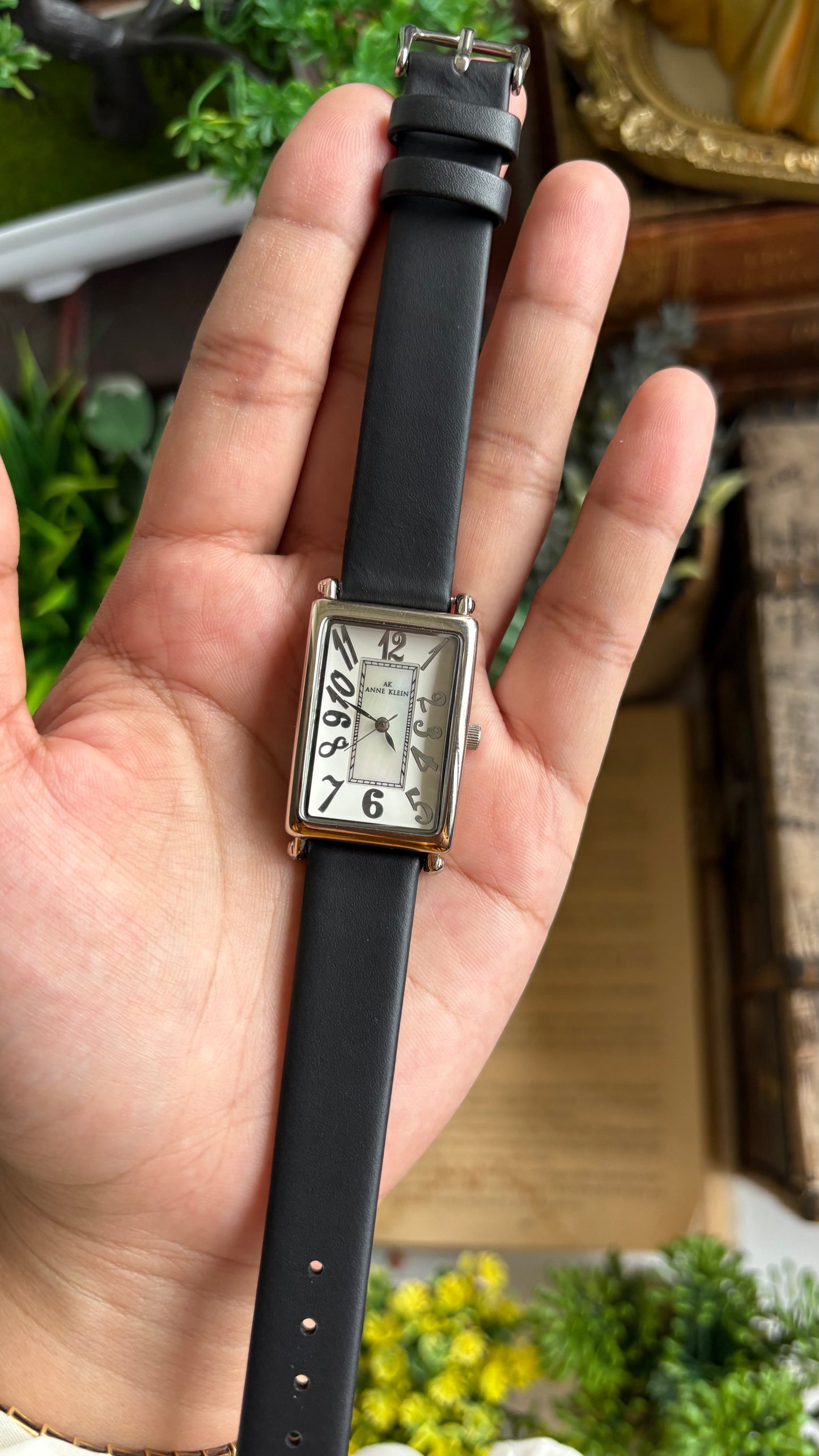 Vintage Anne Klein Tank Watch in Black Leather Strap