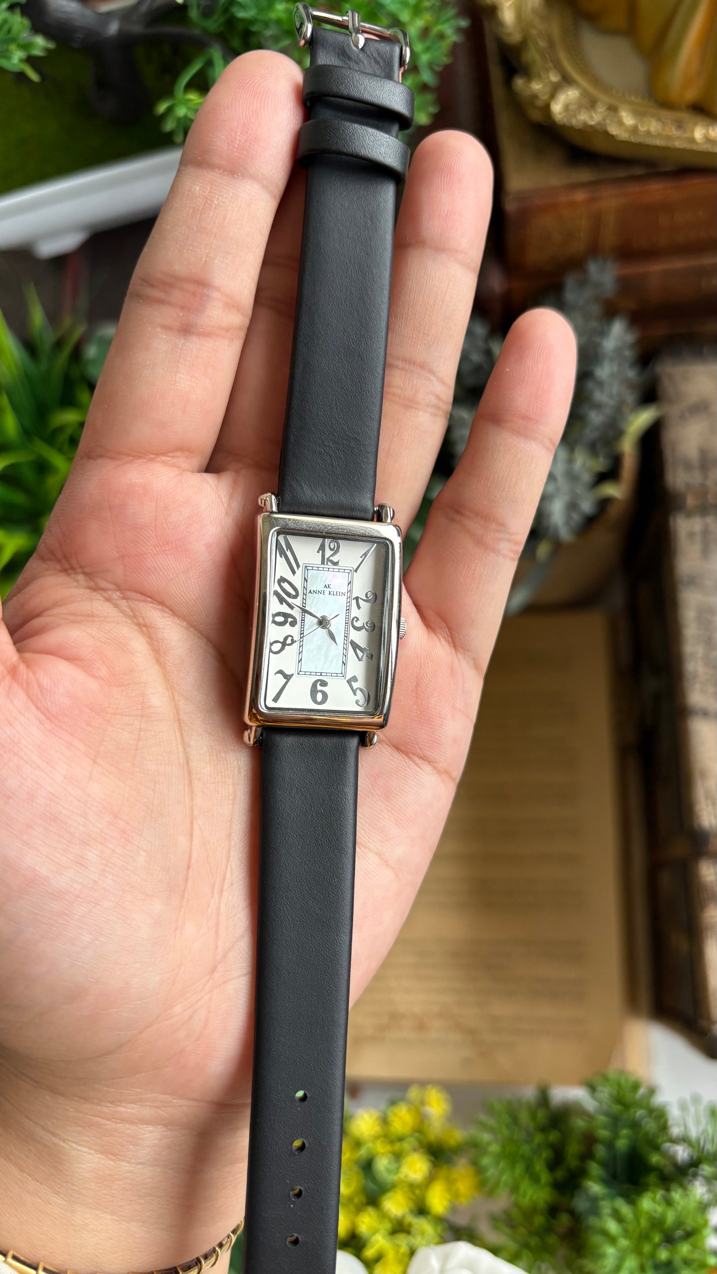 Vintage Anne Klein Tank Watch in Black Leather Strap