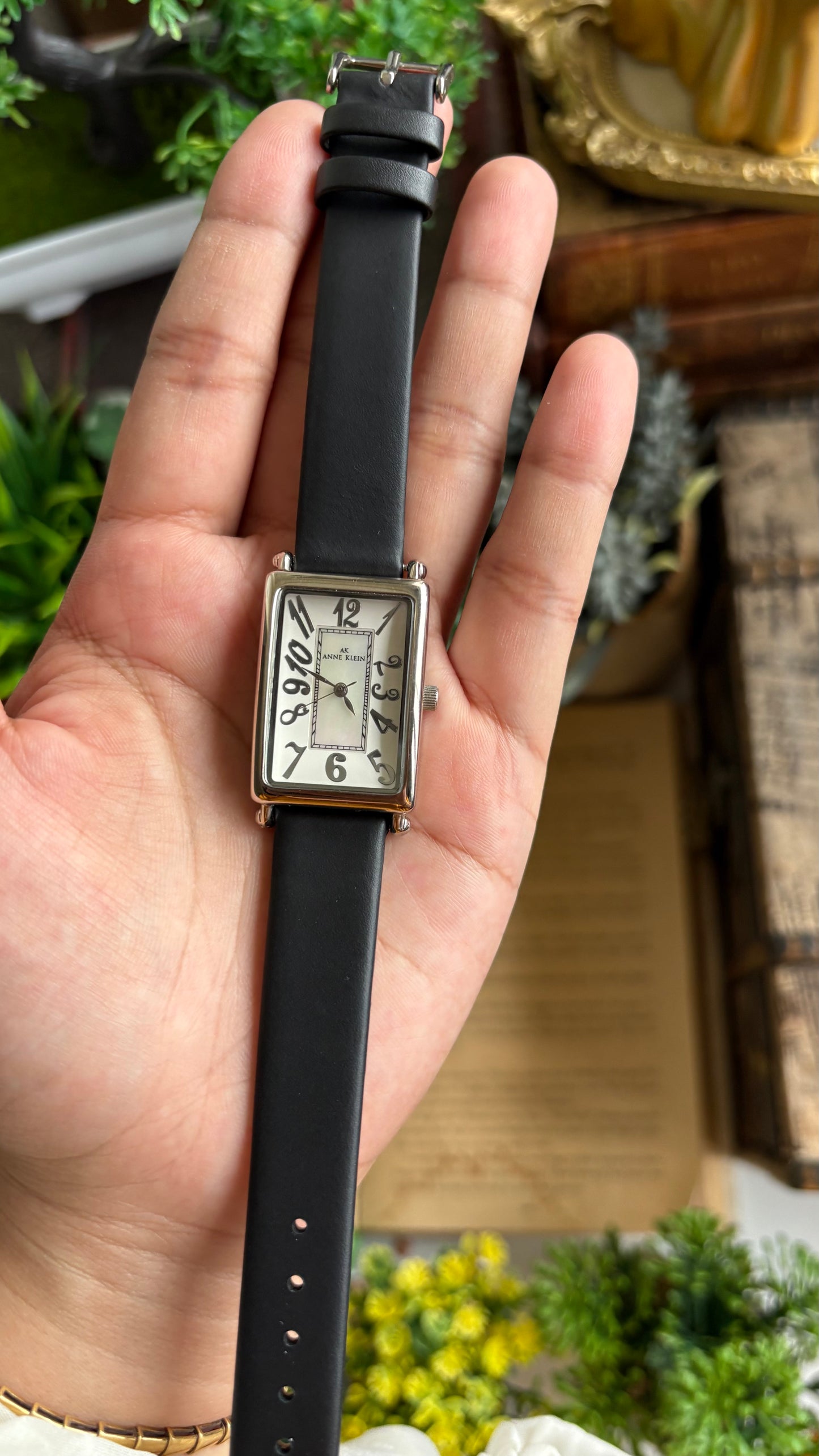 Vintage Anne Klein Tank Watch in Black Leather Strap
