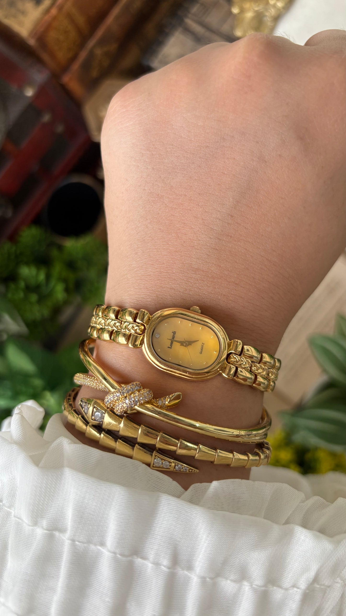 Vintage Lombardi Watch in Gold Tone Mother of Pearl Oval Dial Quartz