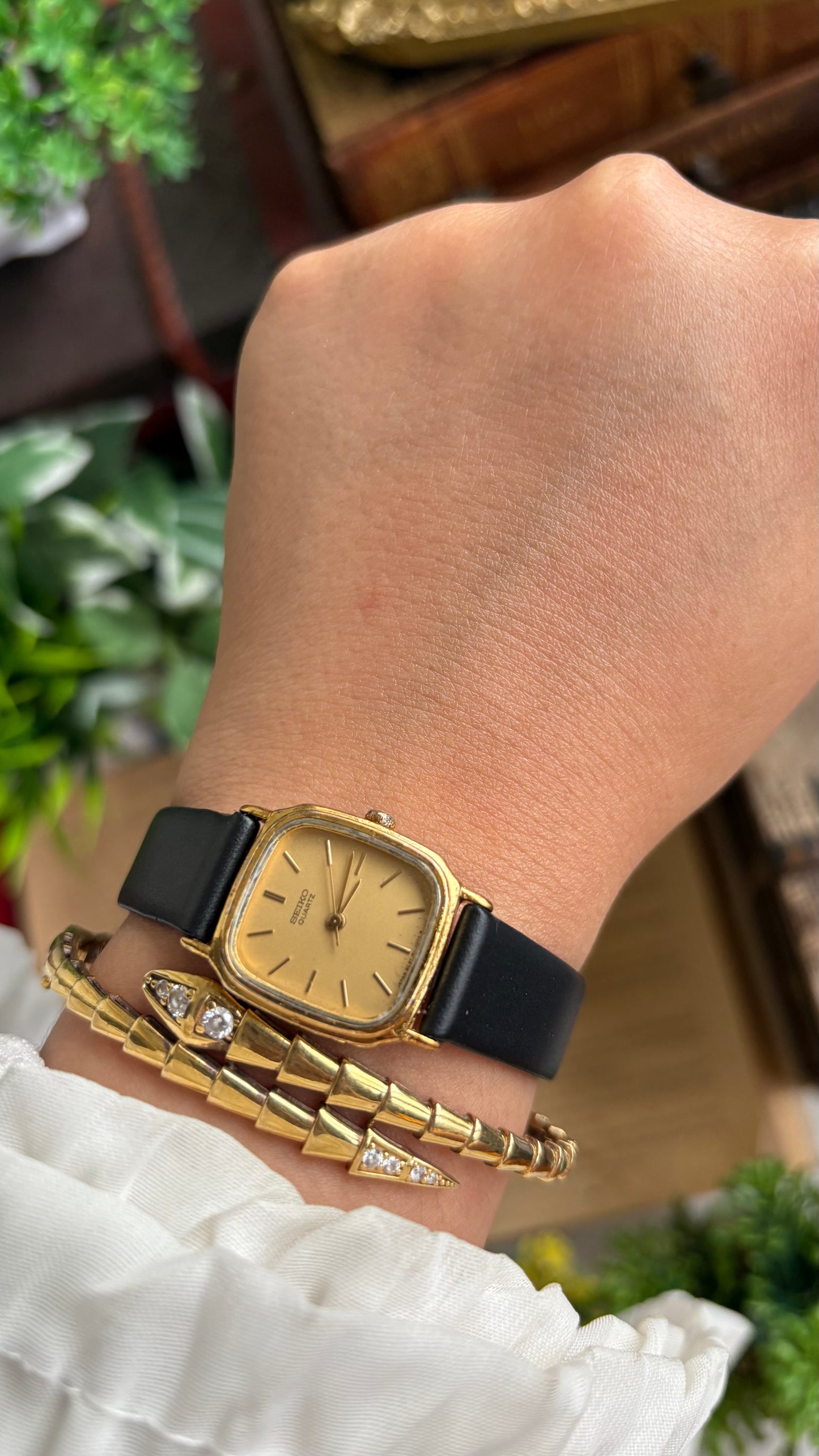 Vintage Seiko Mini Tank Watch in Black Leather Strap