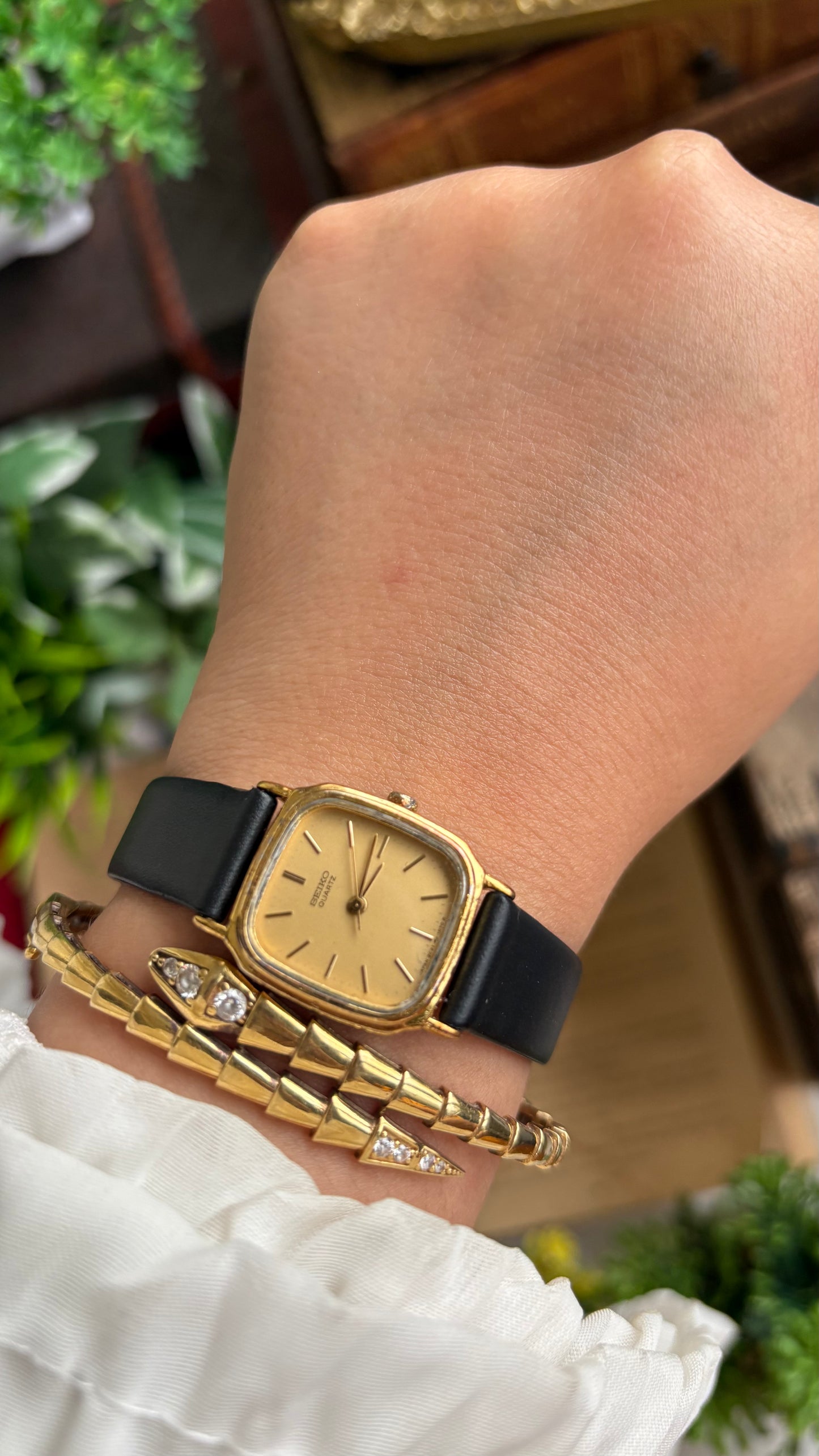 Vintage Seiko Mini Tank Watch in Black Leather Strap