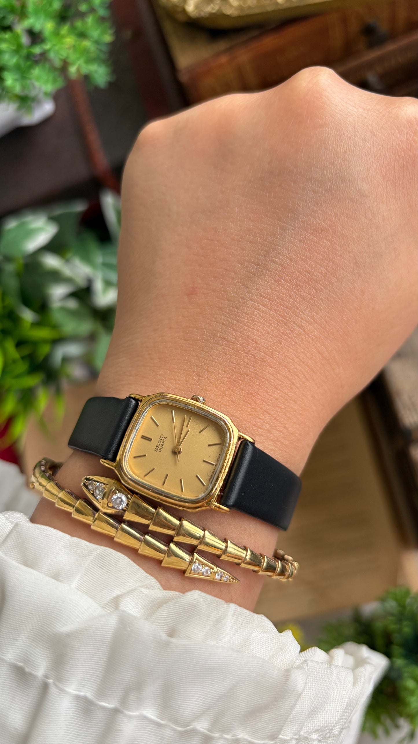Vintage Seiko Mini Tank Watch in Black Leather Strap