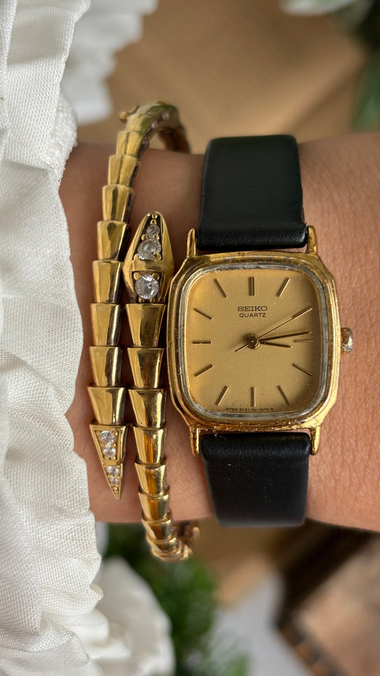 Vintage Seiko Mini Tank Watch in Black Leather Strap