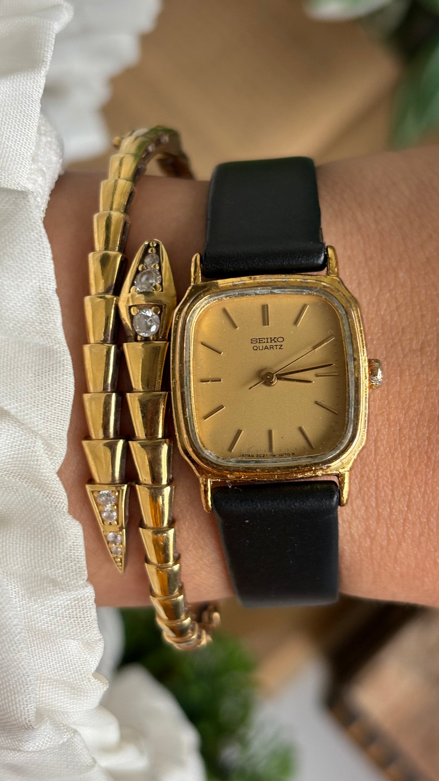 Vintage Seiko Mini Tank Watch in Black Leather Strap