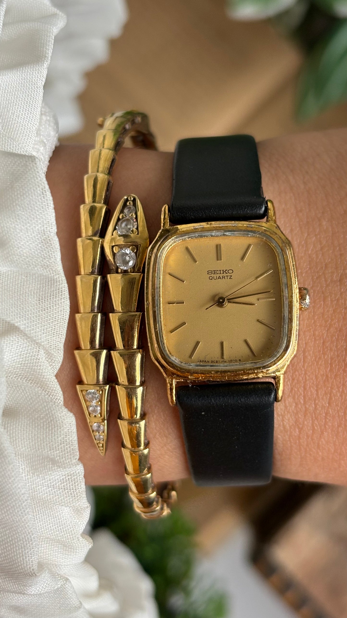 Vintage Seiko Mini Tank Watch in Black Leather Strap