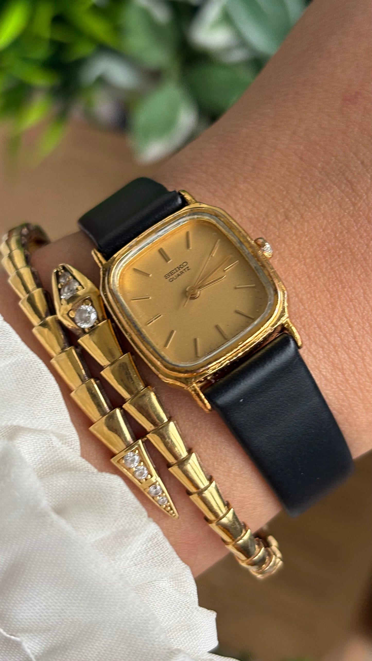 Vintage Seiko Mini Tank Watch in Black Leather Strap